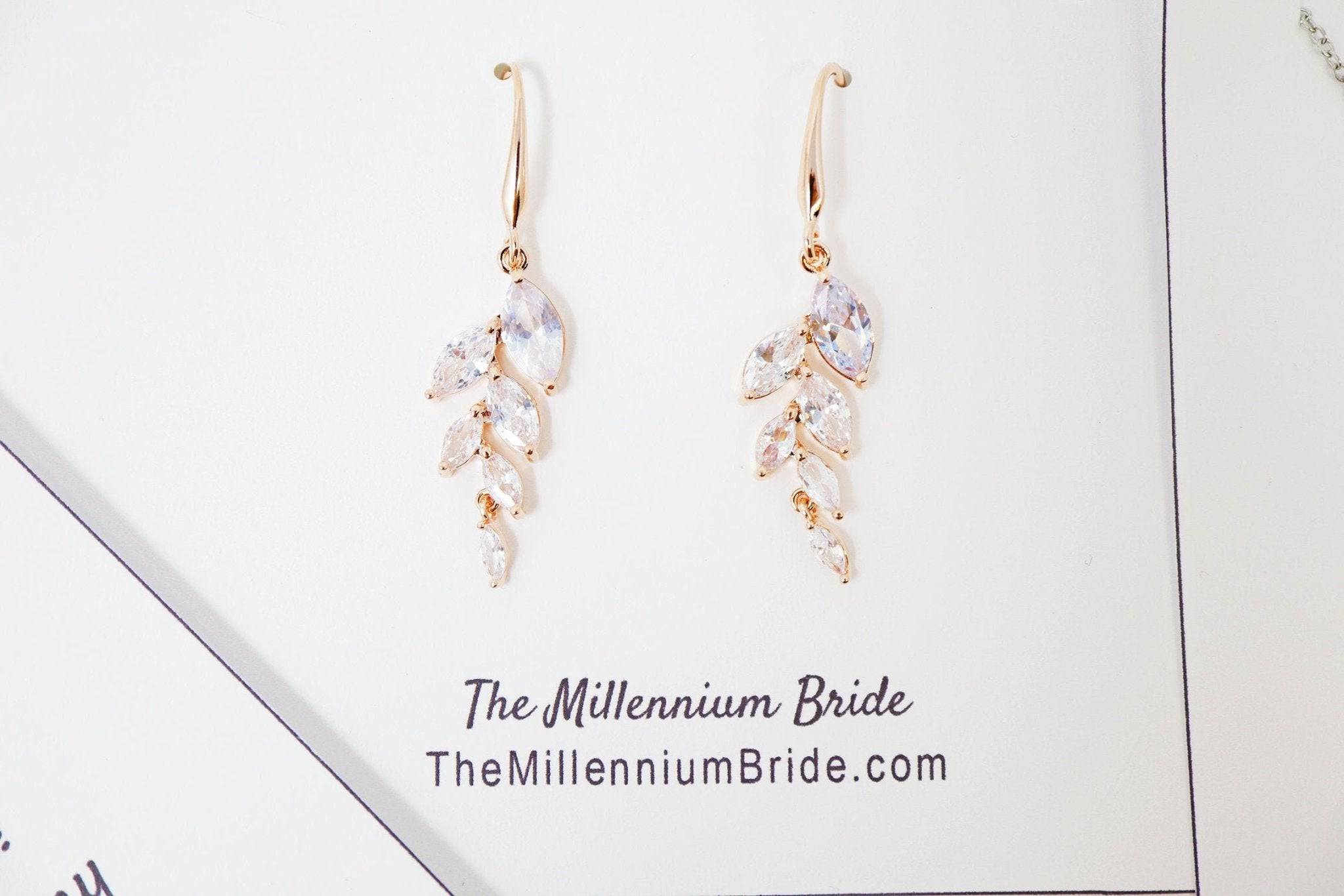 Cubic Zirconia Diamond Crystal Leaves Bridal Jewelry Set - Elegant Long Necklace & Statement Earrings for Weddings, Prom, and Special Occasions