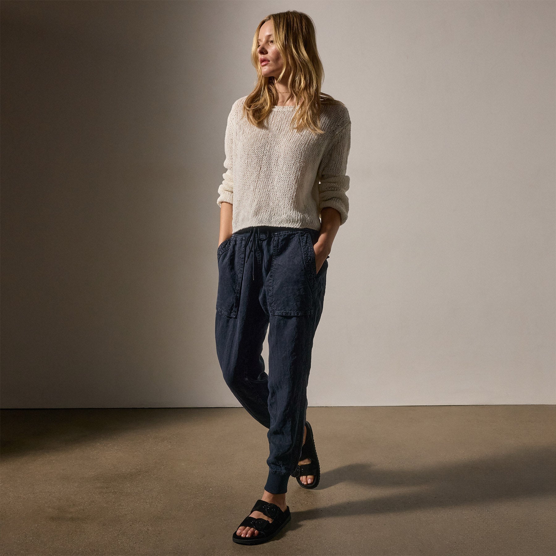 Linen Mixed Media Pants for Women - Classic Navy Blue Wide Leg Trousers | Comfortable & Stylish for Office, Travel & Casual Wear