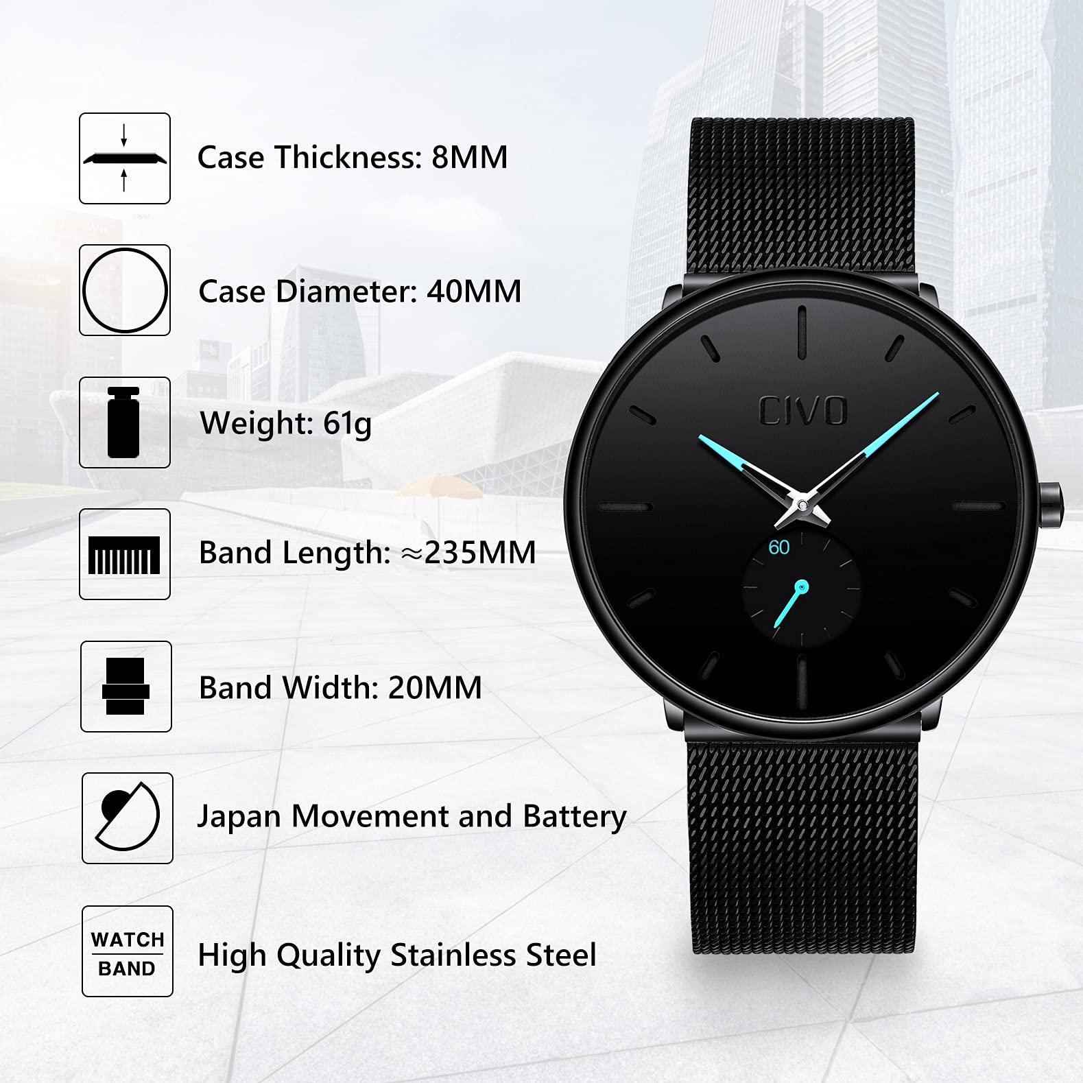 CIVO Men's Stainless Steel Analog Quartz Watch - Waterproof Business Casual Wristwatch for Men | Perfect Gift for Professionals, Office Wear & Everyday Use