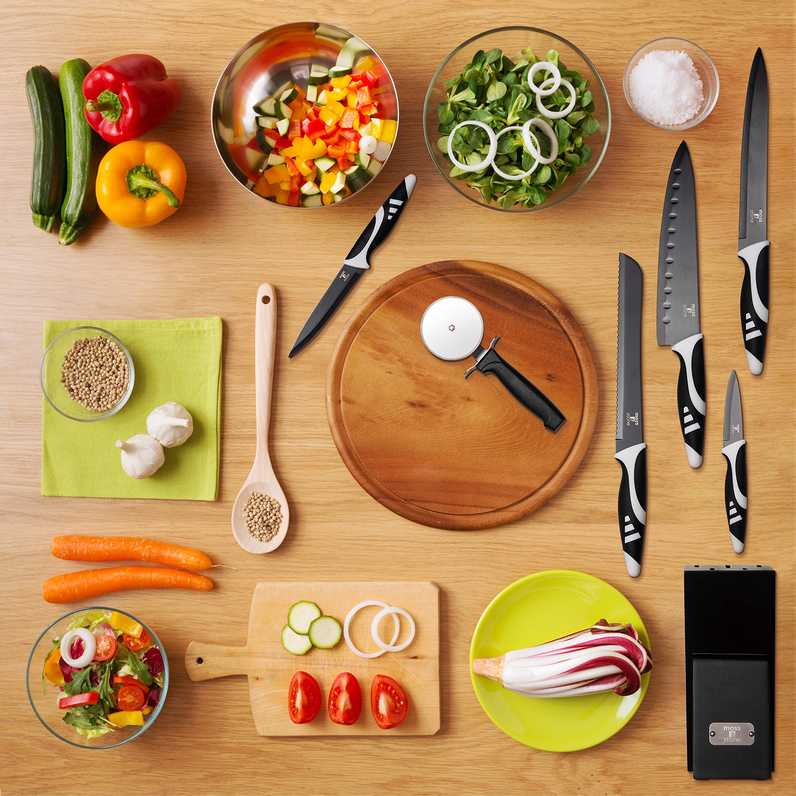 7-Piece Professional Kitchen Knife Set with Block - Black Titanium Plated Stainless Steel Chef Knives - Rust Proof & Scratch Resistant Sharp Knives for Cooking, Slicing, Dicing - Perfect for Home Chefs & Professional Kitchens