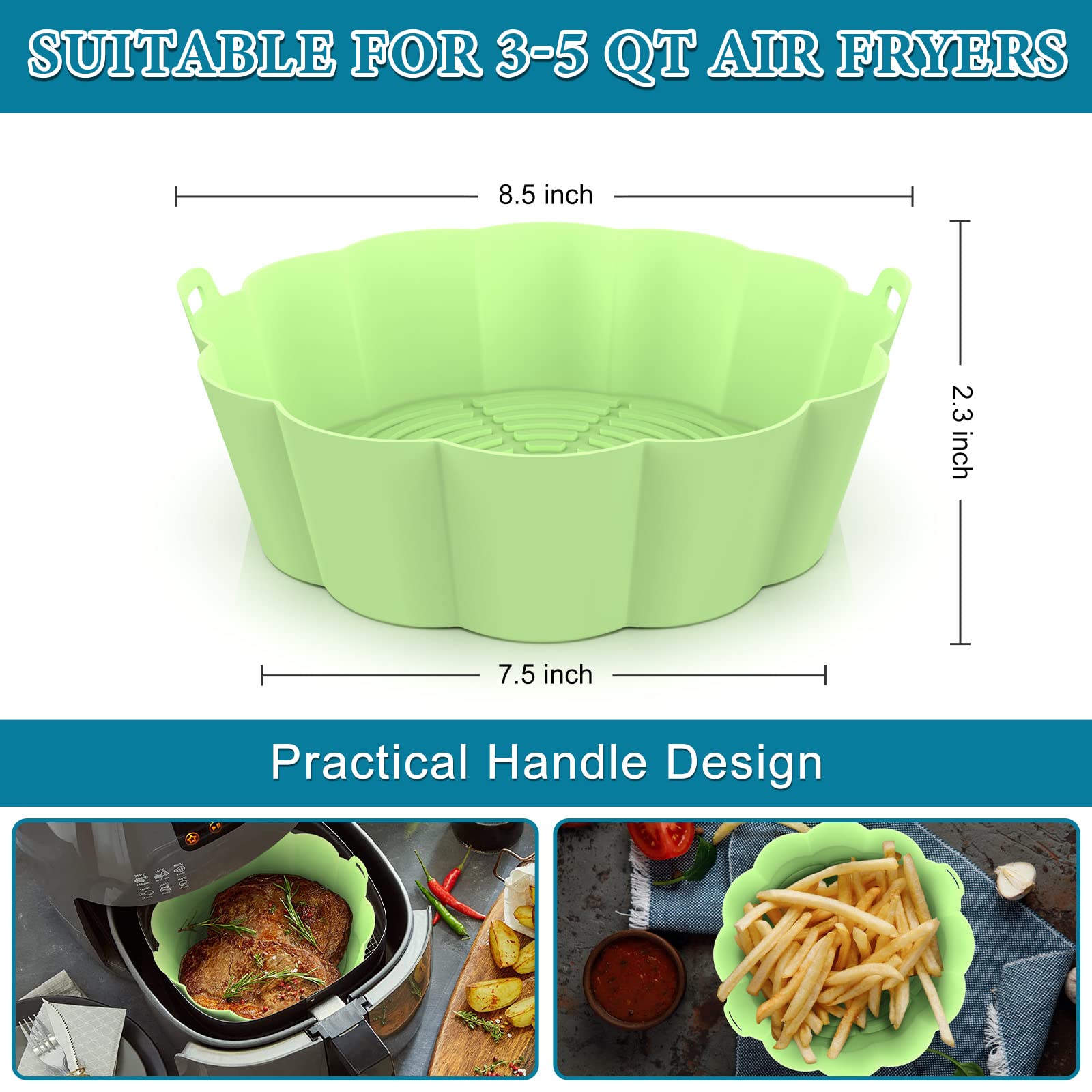 2 Pack Reusable Air Fryer Silicone Liners - Food Grade, Non-Stick, 8.5 Inch Round Inserts for 5-8 QT Air Fryer Baskets (Blue & Grey) - Perfect for Healthy Cooking, Easy Cleanup & Crispy Results