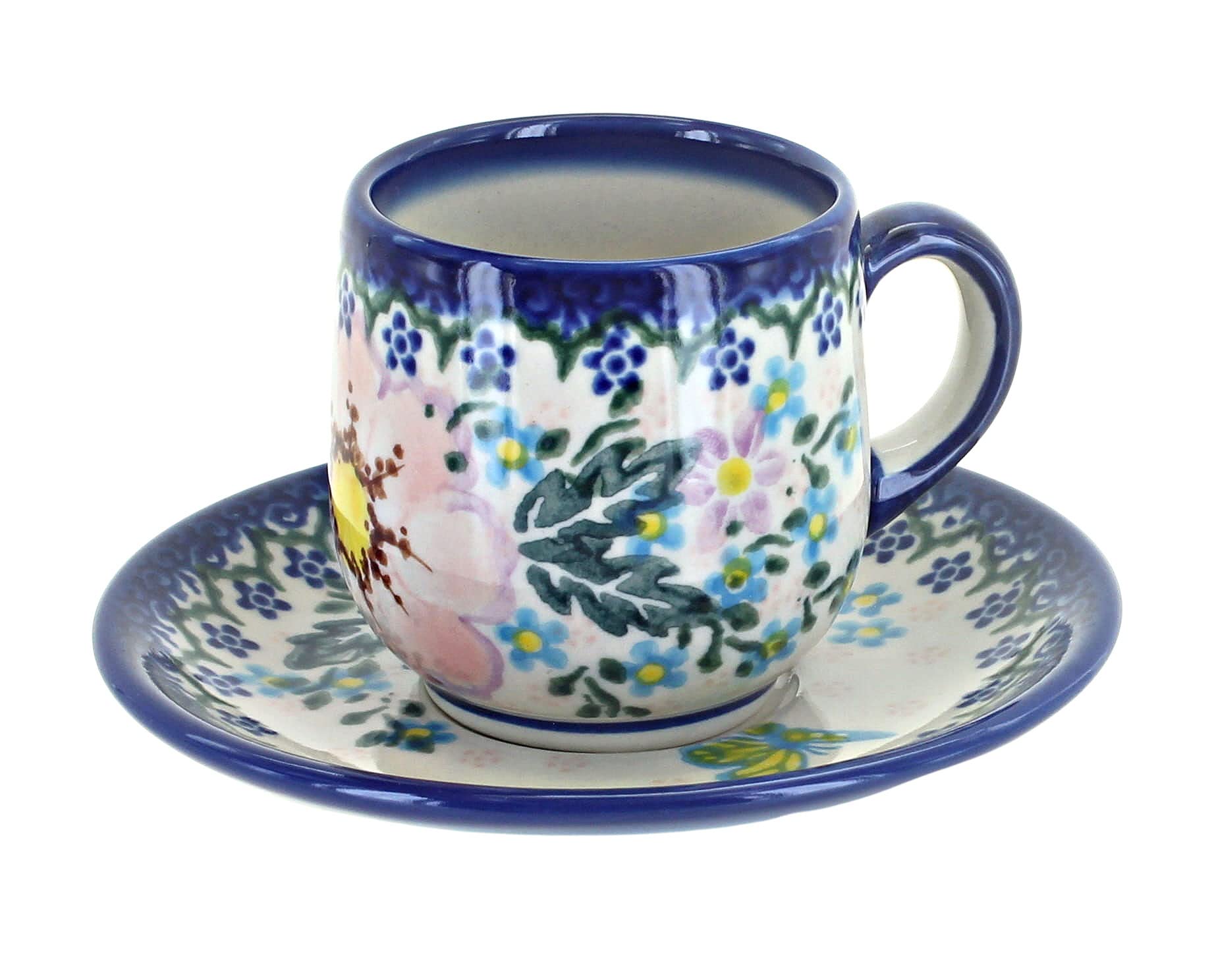 Handmade Blue Rose Polish Pottery Apple Blossom Espresso Cup & Saucer Set - Traditional European Ceramic Coffee Cup for Espresso, Cappuccino & Tea - Perfect for Home, Cafe & Gift Giving