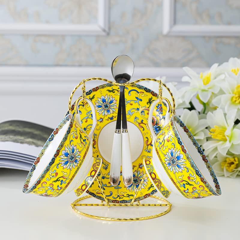 Premium 7 oz European Ceramic Bone China Coffee Cups Set of 2 with Saucers & Metal Holder - Elegant Yellow Design for Au Lait, Latte, Mocha, Tea & Cappuccino - Perfect Mother's Day Gift for Home, Cafe & Restaurant Use