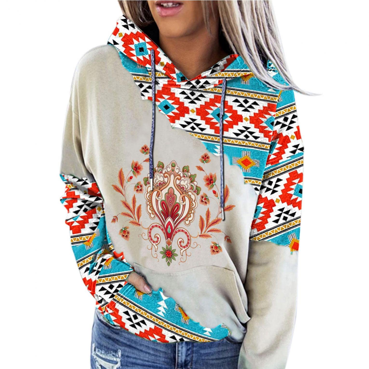 Gerichy Women's Ethnic Style Hooded Sweatshirt - Geometric Horse Print Long Sleeve Pullover for Fall | Cozy Casual Wear, Street Fashion, Autumn Layering