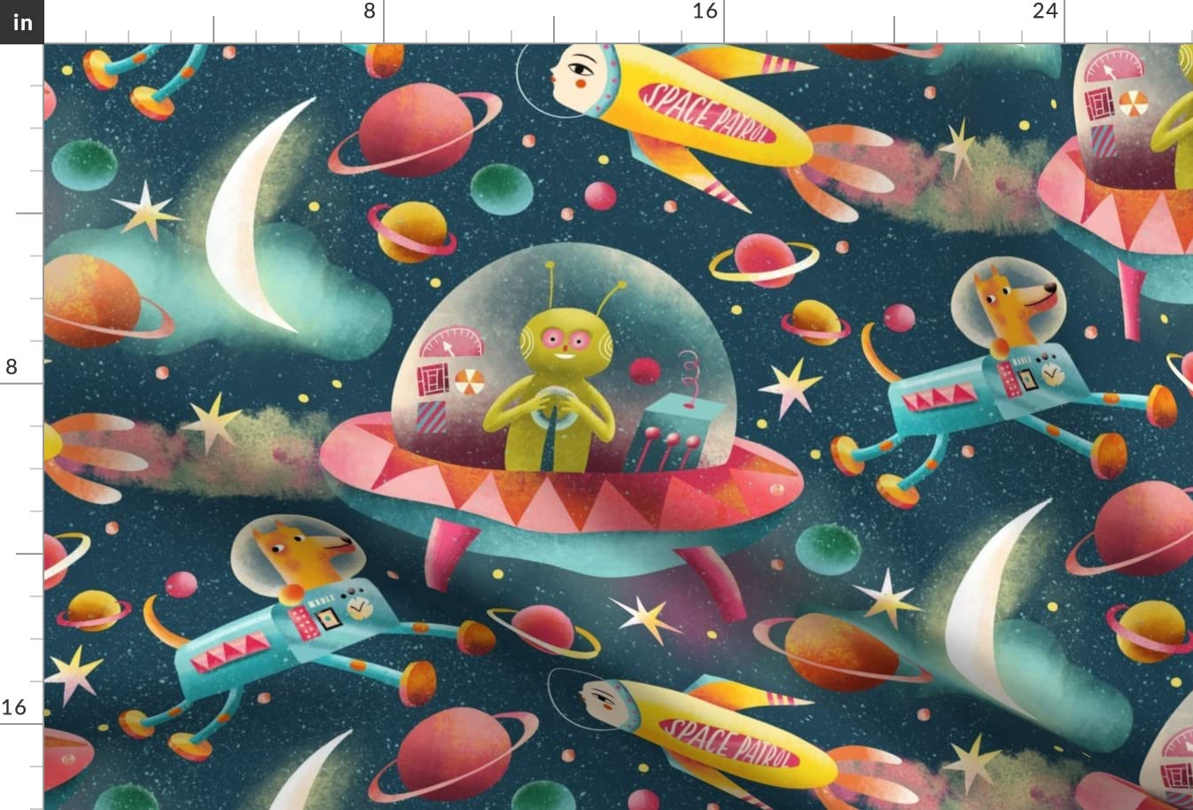 Space-Themed Satin Fabric Fat Quarter - Playful Planets, Robots & Spaceship Print for Sewing, Apparel, Blankets & Home Decor | Perfect for DIY Projects, Quilting & Kids Room Decor