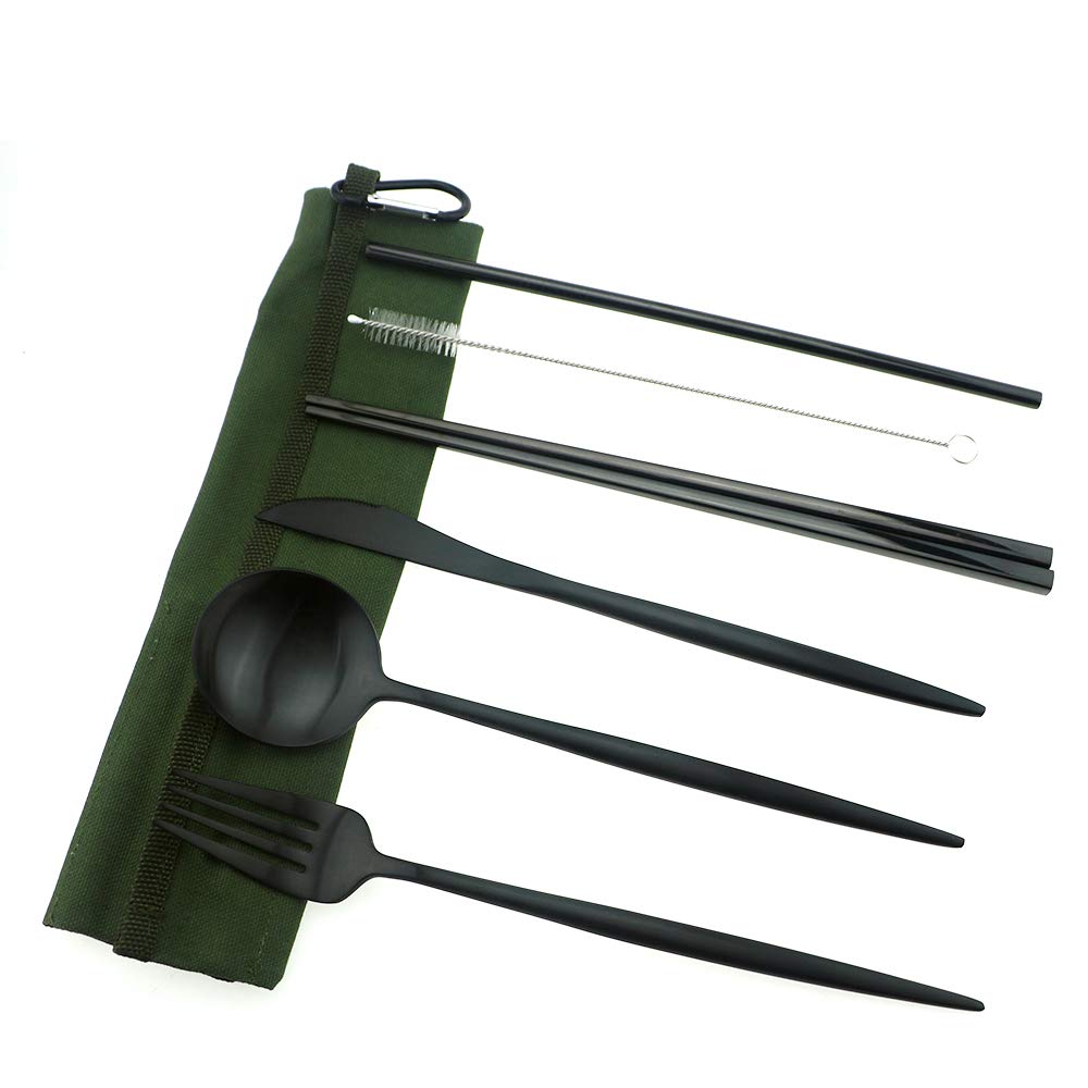 Eco-Friendly Reusable Travel Utensil Set - 18/10 Stainless Steel Cutlery with Knife, Fork, Spoon, Straw & Chopsticks | Matte Black Portable Flatware for Camping, Hiking, Picnics & Outdoor Adventures | Includes Cotton Pouch (Green)
