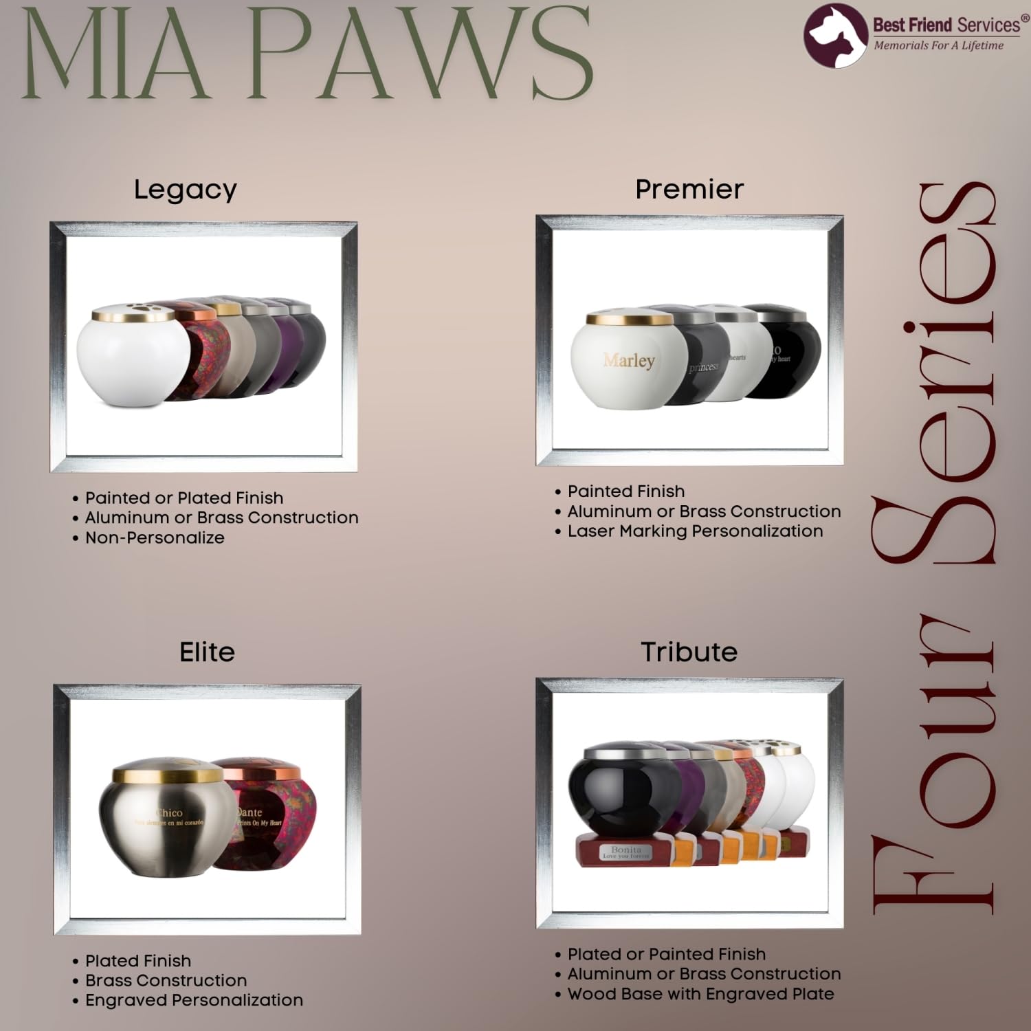Mia Paws Elite Series Personalized Pet Urn - Custom Engraved Memorial Keepsake for Dog and Cat Ashes (Large Pewter with Double Brass Paws) - Perfect for Home or Garden Remembrance