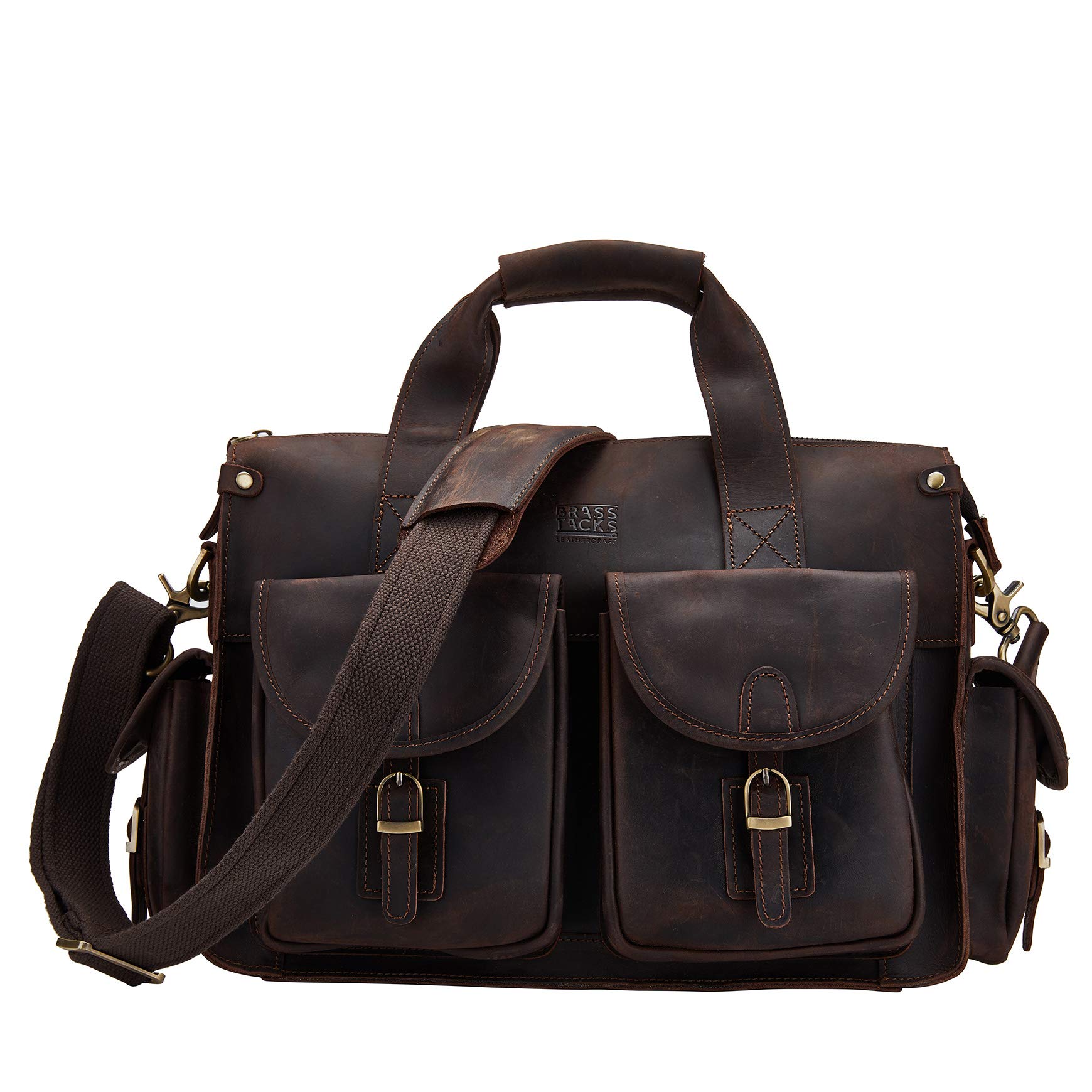 Genuine Leather Messenger Bag for Men - Vintage Laptop Briefcase & Handbag for Business, Travel & Work - Durable BRASS TACKS Leathercraft Bag for Professionals & Students