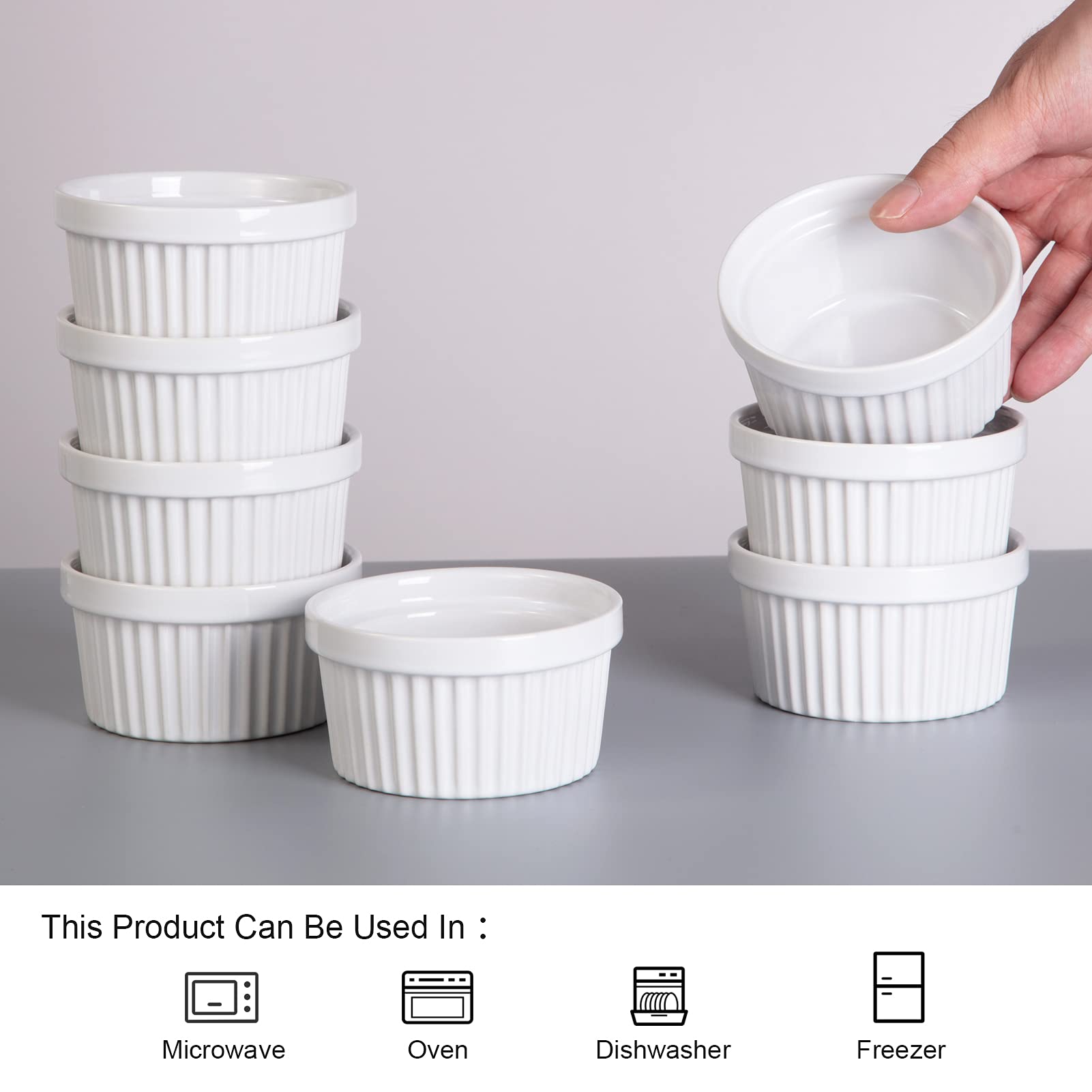 8 oz Porcelain Ramekins Set of 8 - Oven Safe Dipping Bowls for Soufflé, Crème Brûlée & Baking | Classic White Ceramic Ramekins for Desserts, Sauces & Kitchen Serving