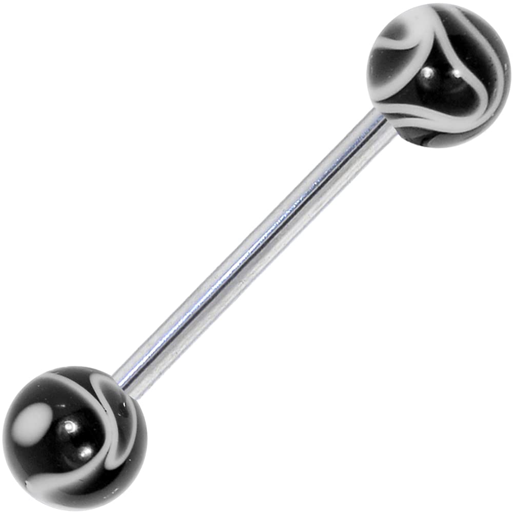 Body Candy Black Acrylic Marble Pattern Barbell Tongue Ring - Stylish Body Jewelry for Piercing Enthusiasts | Perfect for Parties, Concerts and Self-Expression