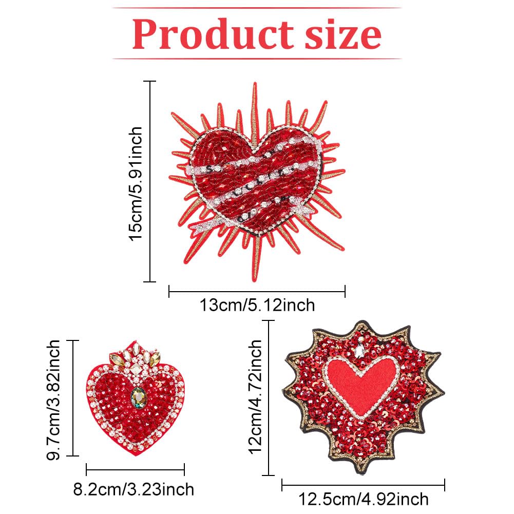 INFUNLY 3PCS Beaded Rhinestone Heart Patches 4.3x7.9 Inch - Red Cartoon DIY Sew On Appliques for Jeans, Jackets, Bags & Women's Clothing - Perfect for DIY Fashion, Arts & Crafts, and Gift Making