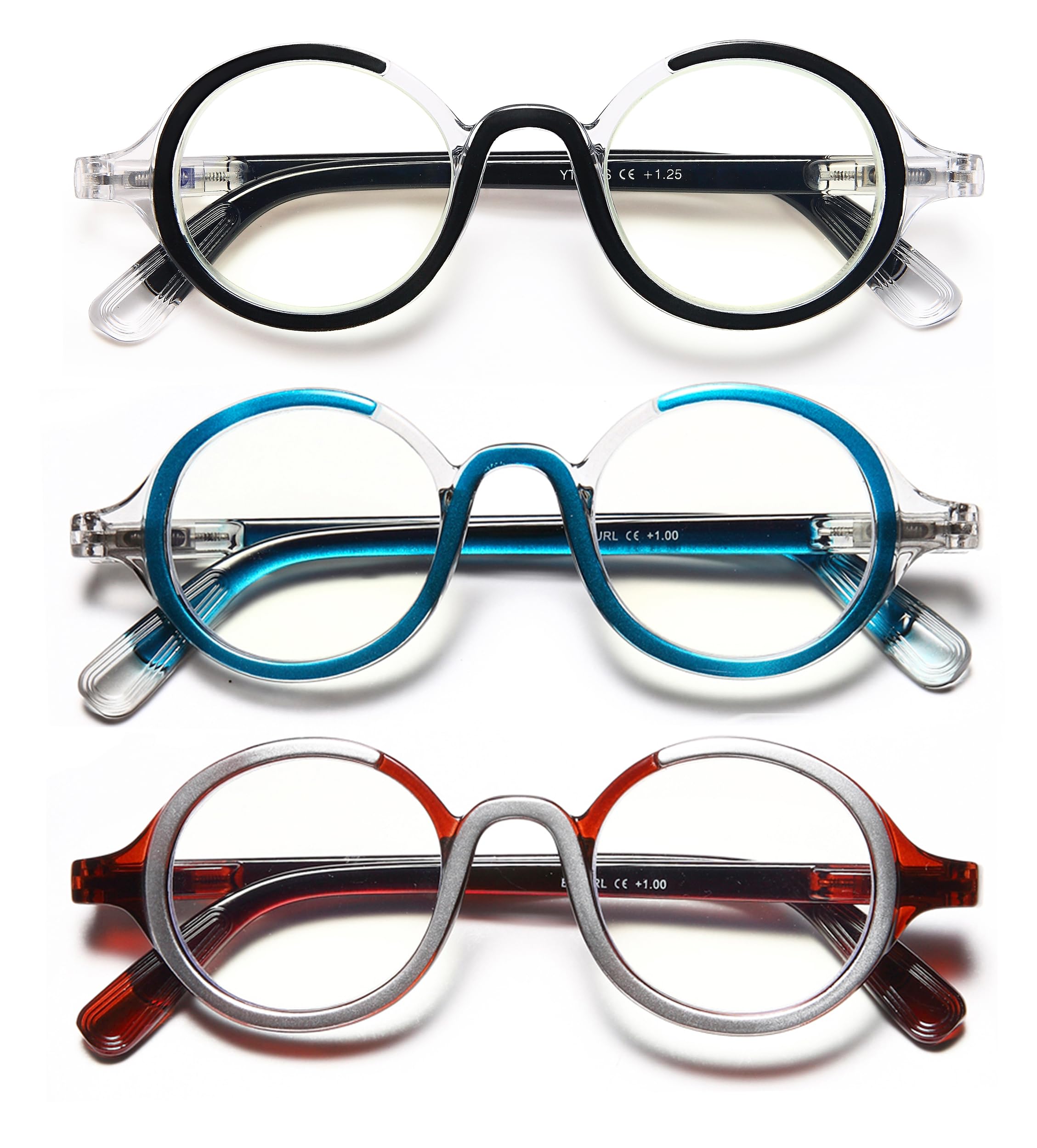 Blue Light Blocking Reading Glasses for Women & Men - 3 Pack Retro Round Computer Glasses with Spring Hinge (0.5 Magnification) - Perfect for Office Work, Screen Time & Book Reading