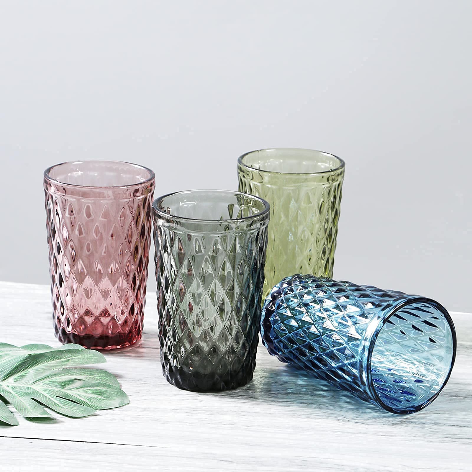 Bandesun 12 oz Blue Drinking Glass Set of 6 - Diamond Cut Tumbler Glasses for Water, Cocktail, Milk, Juice & Beverages | Durable Kitchen Glassware for Home, Bar, Restaurant & Party Use