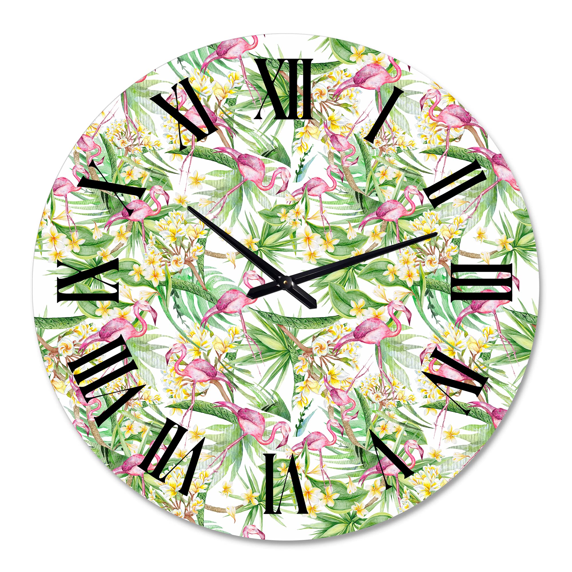 DesignQ Modern Wall Clock 'Tropical Foliage with Yellow Flowers & Flamingo II' - Large Floral Botanical Wall Clock for Home, Office & Living Room Decor | Perfect for Tropical & Boho Style Interiors