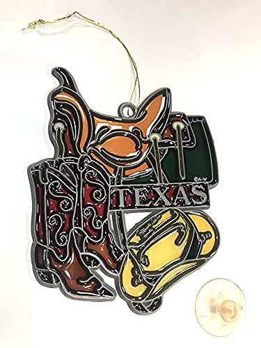 Texas Suncatcher Ornament - Western Saddle, Cowboy & Cowgirl Boots with Hat Design - Collectible Western Theme Decor for Texas Lovers - Perfect for Home, Office, or Gift Giving