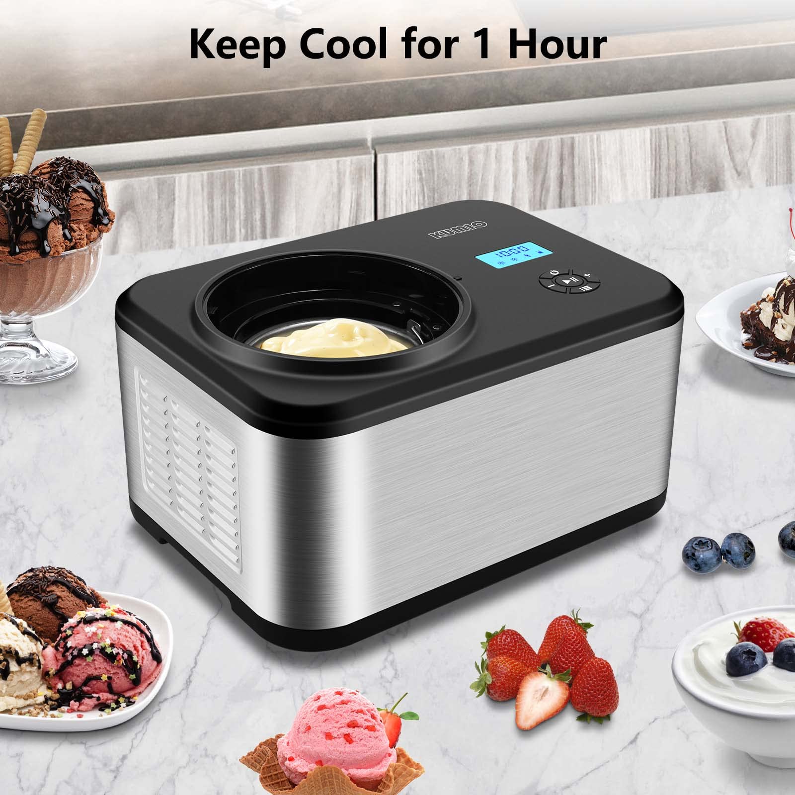 KUMIO 1.6-Quart Automatic Ice Cream Maker with Compressor - No Pre-Freezing Needed, 4 Modes for Homemade Gelato, Frozen Yogurt & Sorbet - LCD Display & Timer - Stainless Steel Ice Cream Machine for Parties, Family Gatherings & Dessert Lovers
