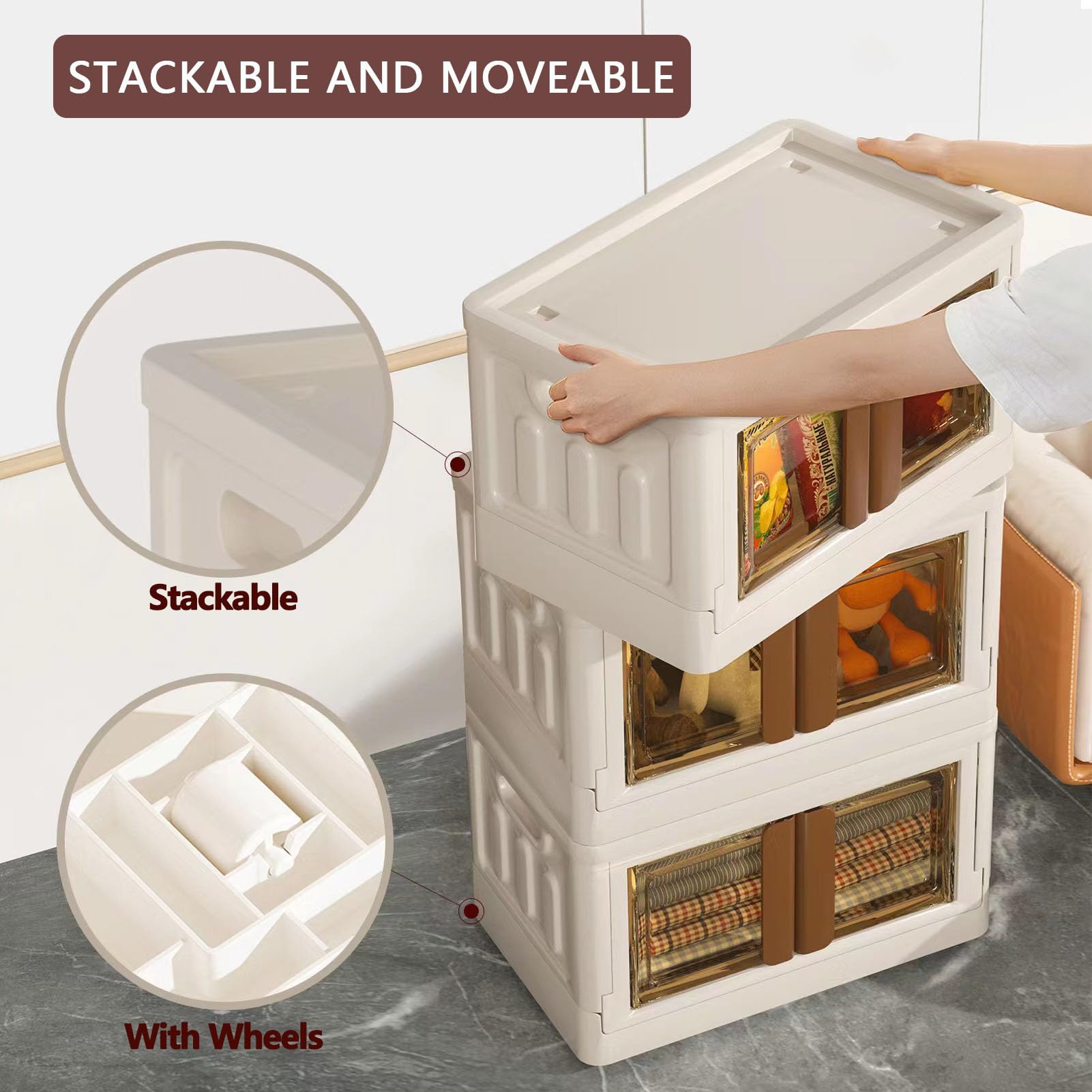 8.4 Gallon Collapsible Storage Bins with Lids, 2 Pack - Stackable Plastic Storage Cabinet with Doors & Wheels for Home Organization | Space-Saving Solution for Closet, Garage & Office (Milk White)