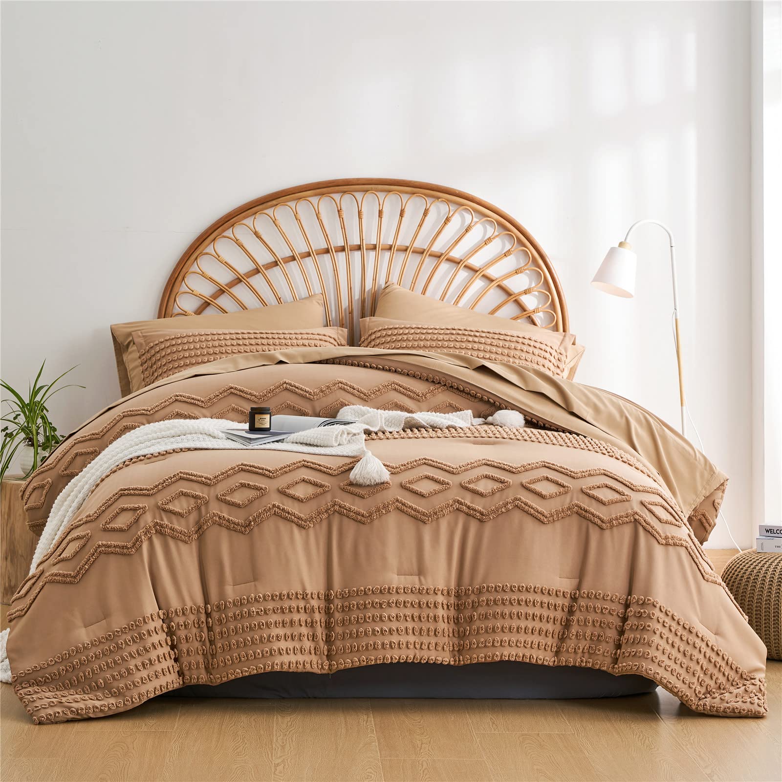 KAKIJUMN 7-Piece Queen Size Khaki Tufted Comforter Set - All Season Soft Microfiber Bedding with Shabby Chic Boho Design | Perfect for Master Bedroom, Guest Room & Dorm Decor (Khaki, Queen)