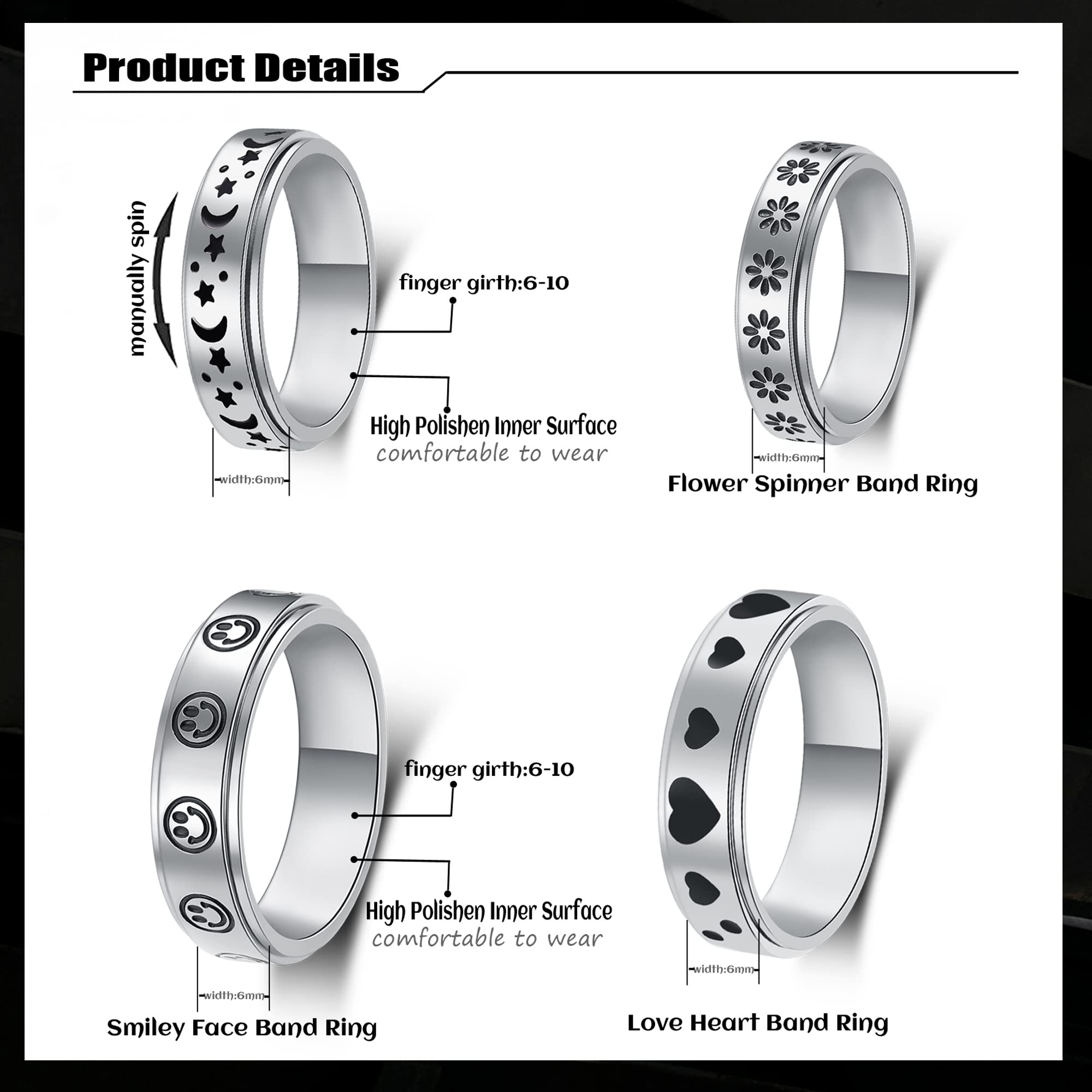 Anxiety Spinner Ring for Women & Men - 6mm Moon Star Design for Stress Relief - Size 6-10