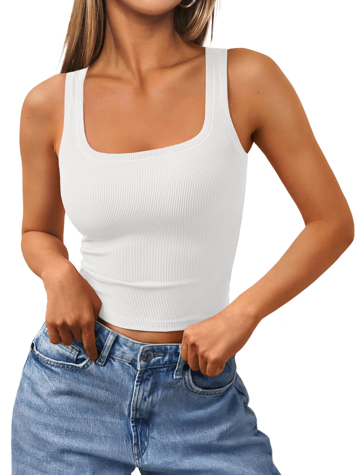 Trendy Queen Women's Summer Square Neck Ribbed Tank Top - Cropped Workout Camisole for Yoga, Running & Beach Wear | Sleeveless Casual Summer Outfit 2025
