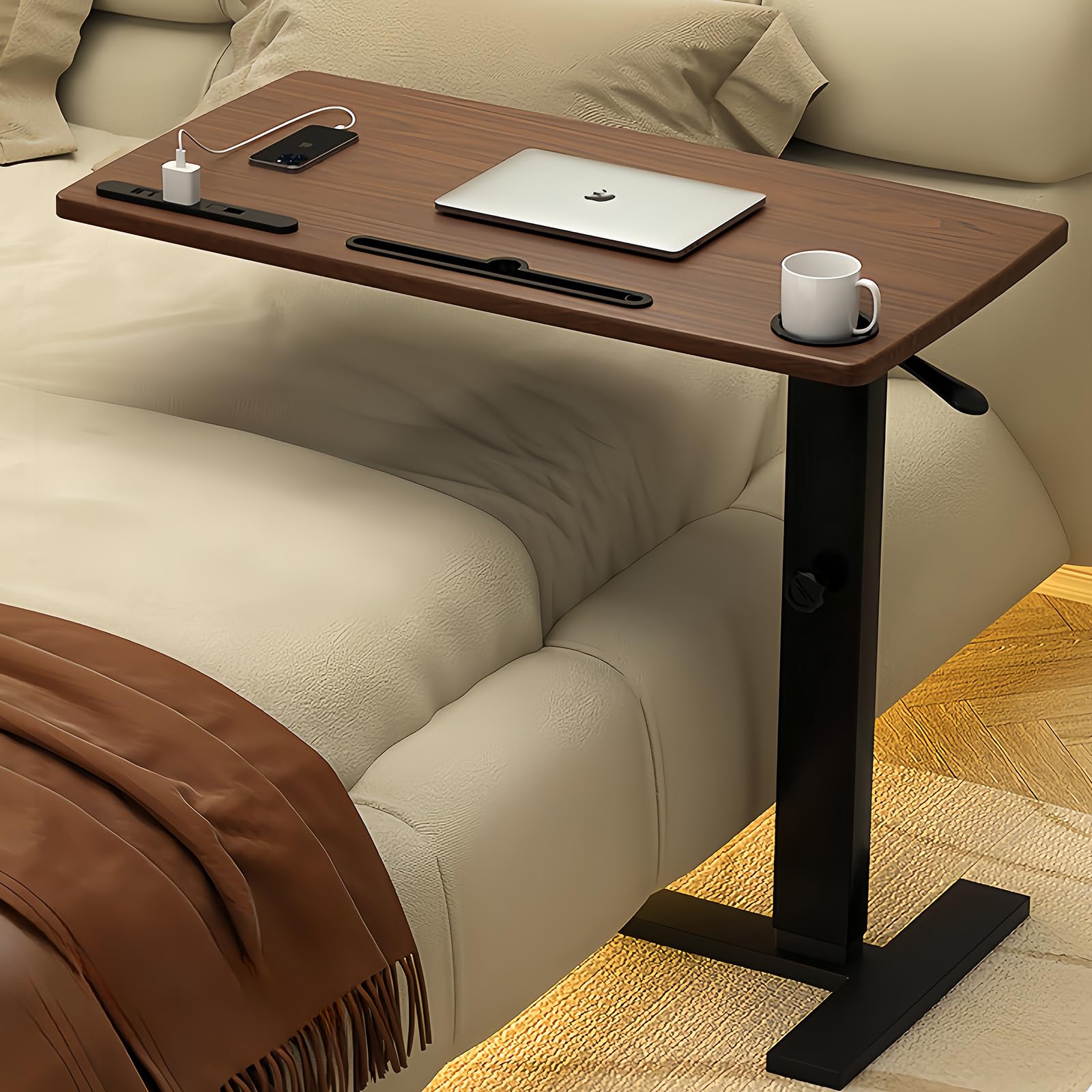 Adjustable Overbed Table with USB & Power Outlet - Mobile Standing Desk with Hidden Wheels, Cup Holder & Pneumatic Lift - Perfect for Laptop Use, Hospital Beds & Home Office Workspace - Brown