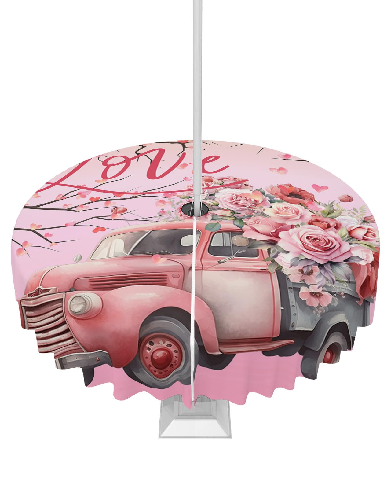 Waterproof Round Tablecloth with Umbrella Hole - 60 Inch Zippered Outdoor Picnic Table Cover for Valentine's Day, BBQ, Party, Garden & Patio - Love Heart Branch Truck Flower Design | Perfect for Outdoor Dining, Picnics, and Backyard Gatherings