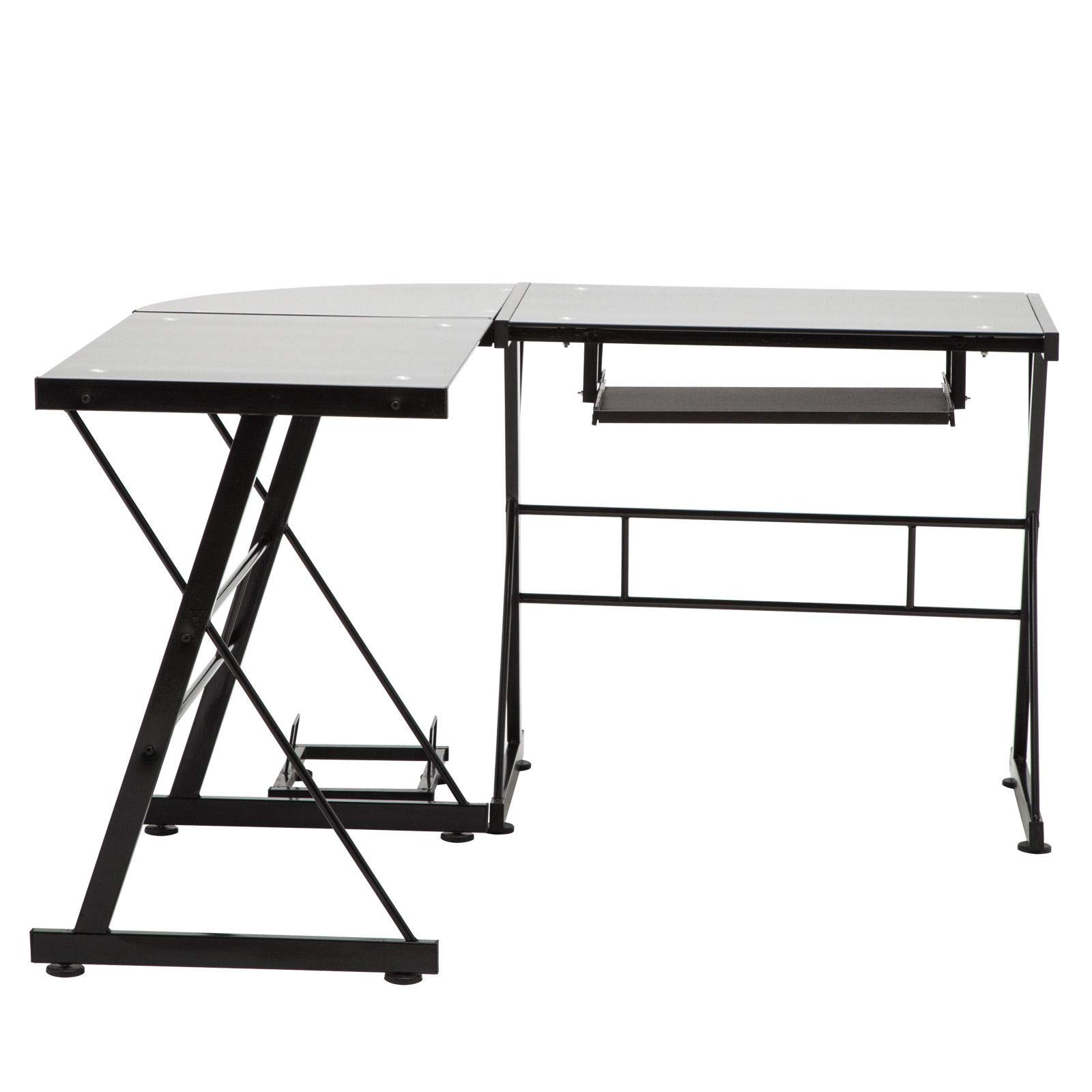 L-Shaped Corner Computer Desk with Keyboard Tray & CPU Stand - Black Glass Home Office Workstation for PC, Laptop, Gaming & Study | Perfect for Small Spaces & Modern Workspaces