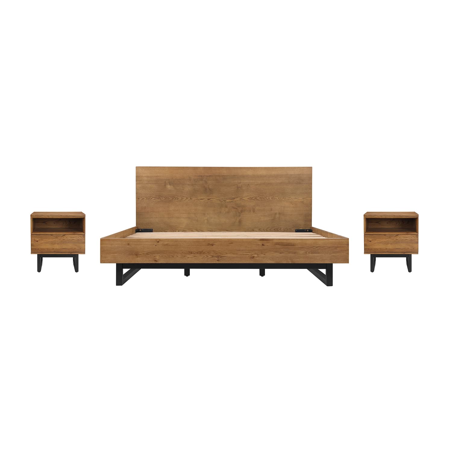 Armen Living Aldo 3-Piece Platform Bedroom Set with Bed Frame and Nightstands, Brown - Perfect for Modern and Minimalist Bedroom Decor