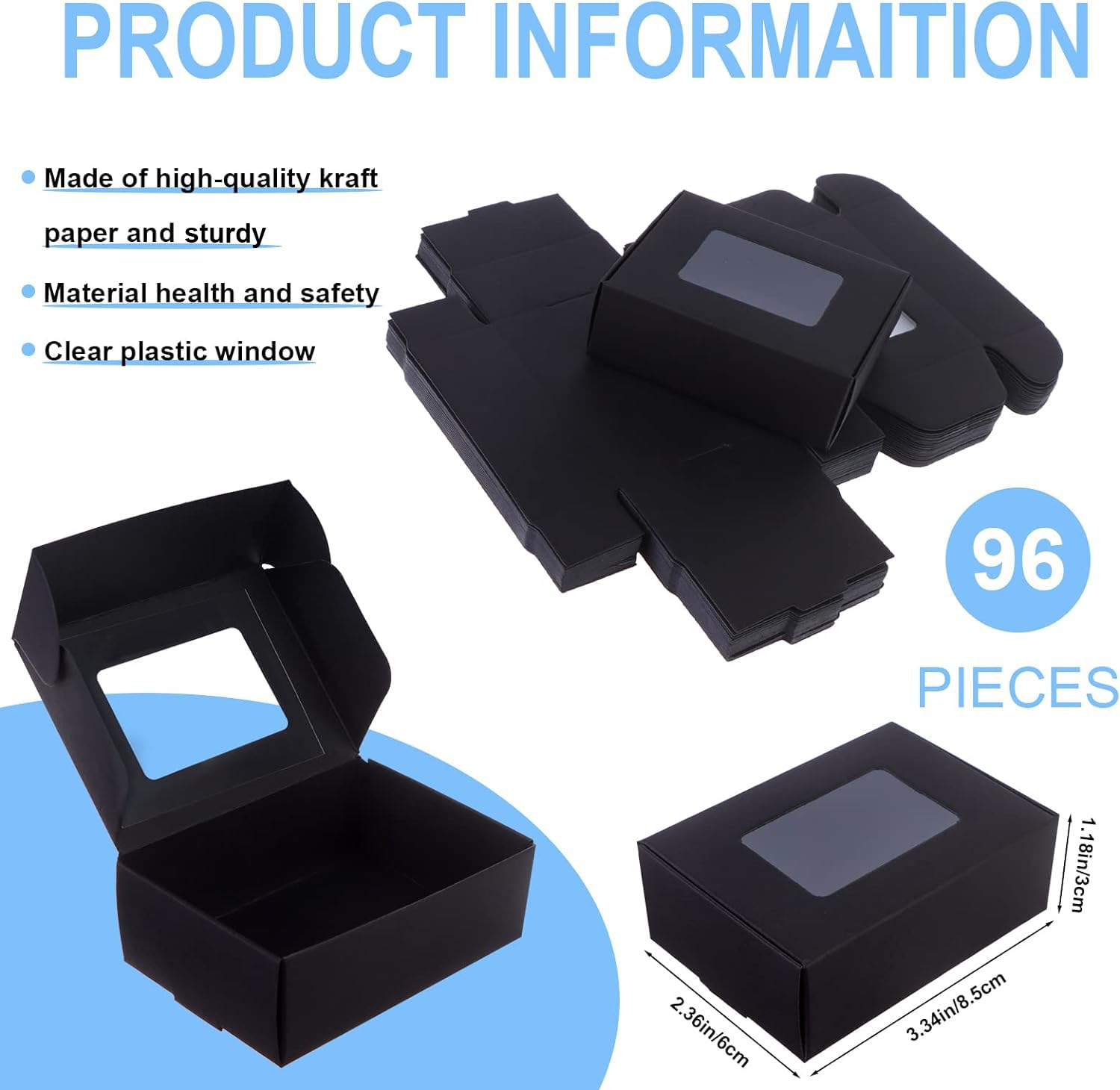 Ywin 96 PCS Mini Kraft Paper Box with Window - 3.34 x 2.36 x 1.18 Inch Small Gift Box for Soap, Candy, Jewelry, Bakery Treats & Party Favors | Eco-Friendly Present Packaging for Weddings, Baby Showers & Retail Display (Black)