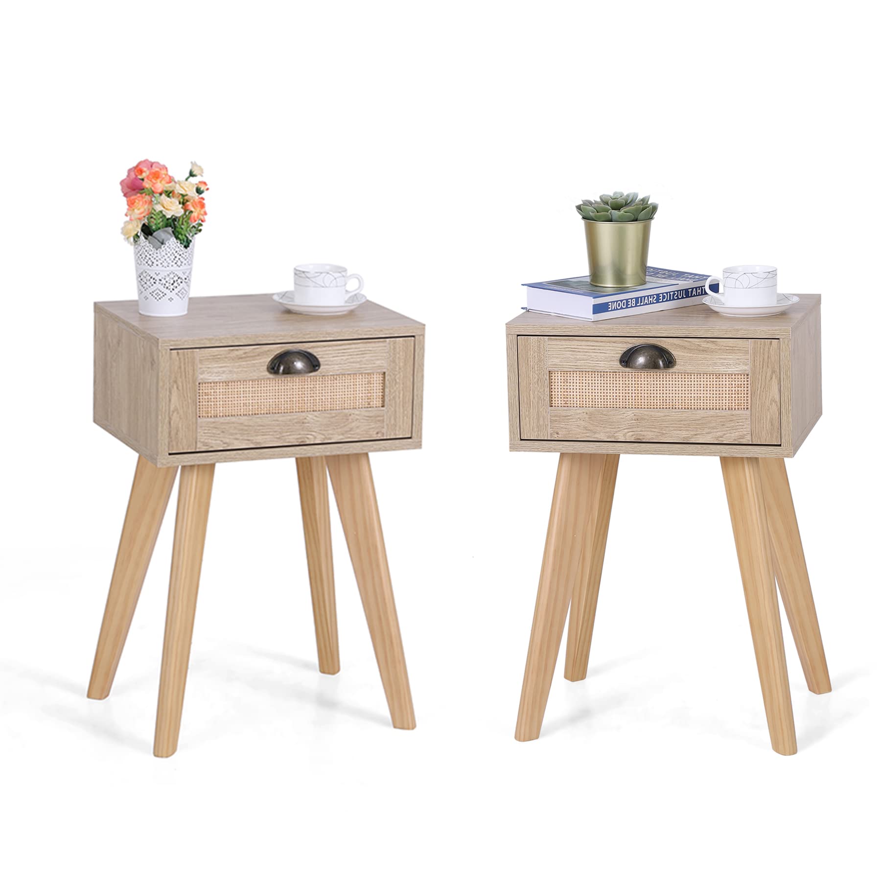 MAISON ARTS 2-Piece Nightstand Set with Drawer - Solid Wood Legs & Rattan Storage Bedside Tables for Bedroom & Living Room - Easy Assembly - Perfect for Small Spaces, Guest Rooms & Apartment Decor