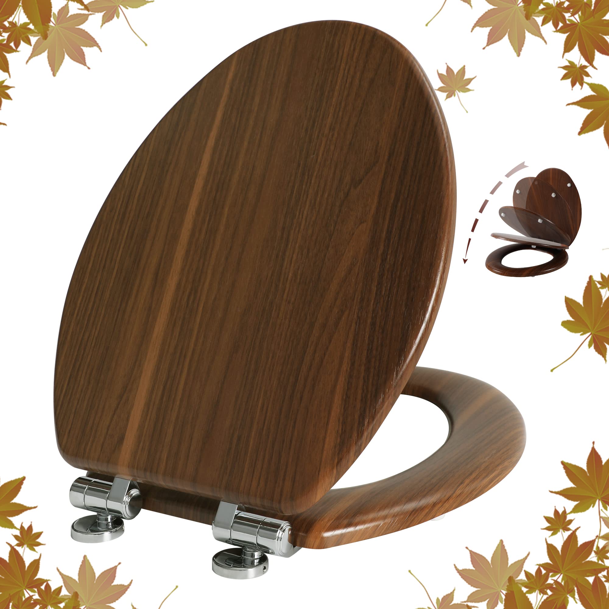 Angol Shiold Elongated Wood Toilet Seat with Soft-Close Hinges - Easy Install & Clean, Quick Release (Walnut Finish) - Perfect for Modern Bathrooms & Home Renovations