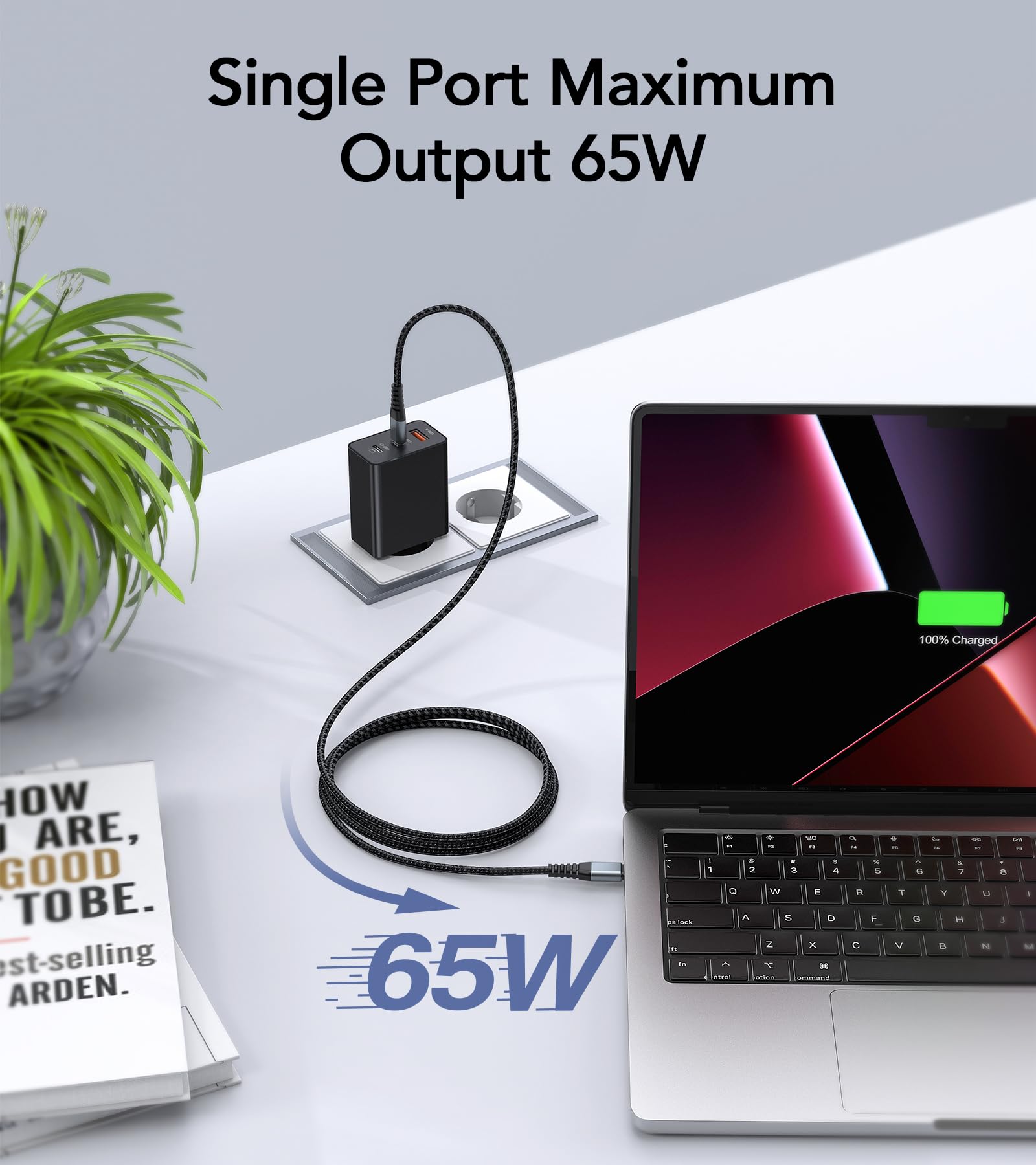 65W USB C Fast Charger with 2M Cable, 3-Port GaN Wall Charger for MacBook Air/Pro M1/M2, iPhone 16/15/14/13, Galaxy S24/S23/S22, Nintendo Switch, Tablets & Laptops - Compact Travel Charger for Home, Office & On-The-Go Use
