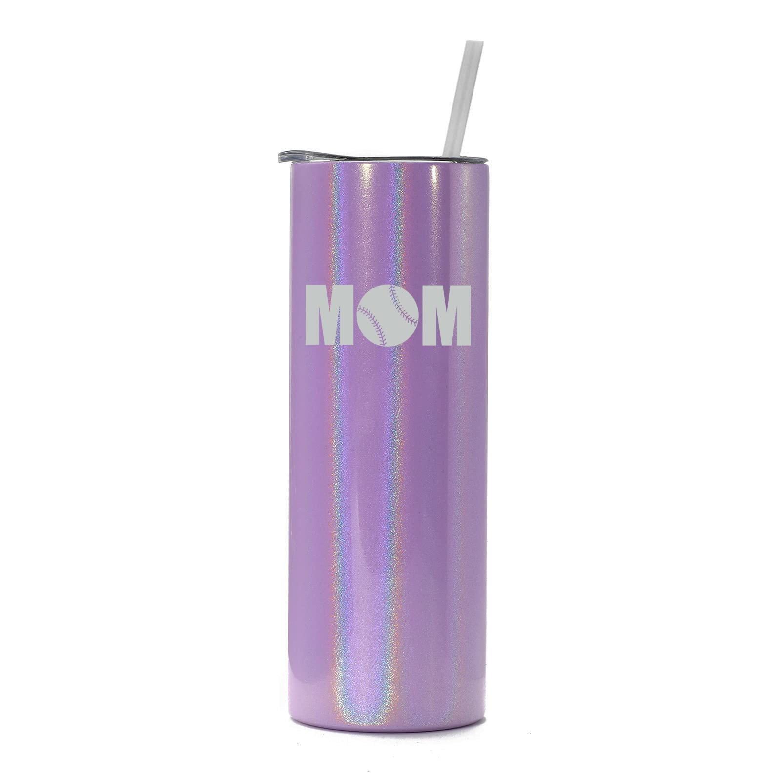 20 oz Skinny Tall Tumbler Stainless Steel Vacuum Insulated Travel Mug with Straw & Lid - Leakproof Iced Coffee Cup for Moms, Baseball & Softball Players - Purple Iridescent Glitter Design - Perfect for Workouts, Commuting & Outdoor Activities