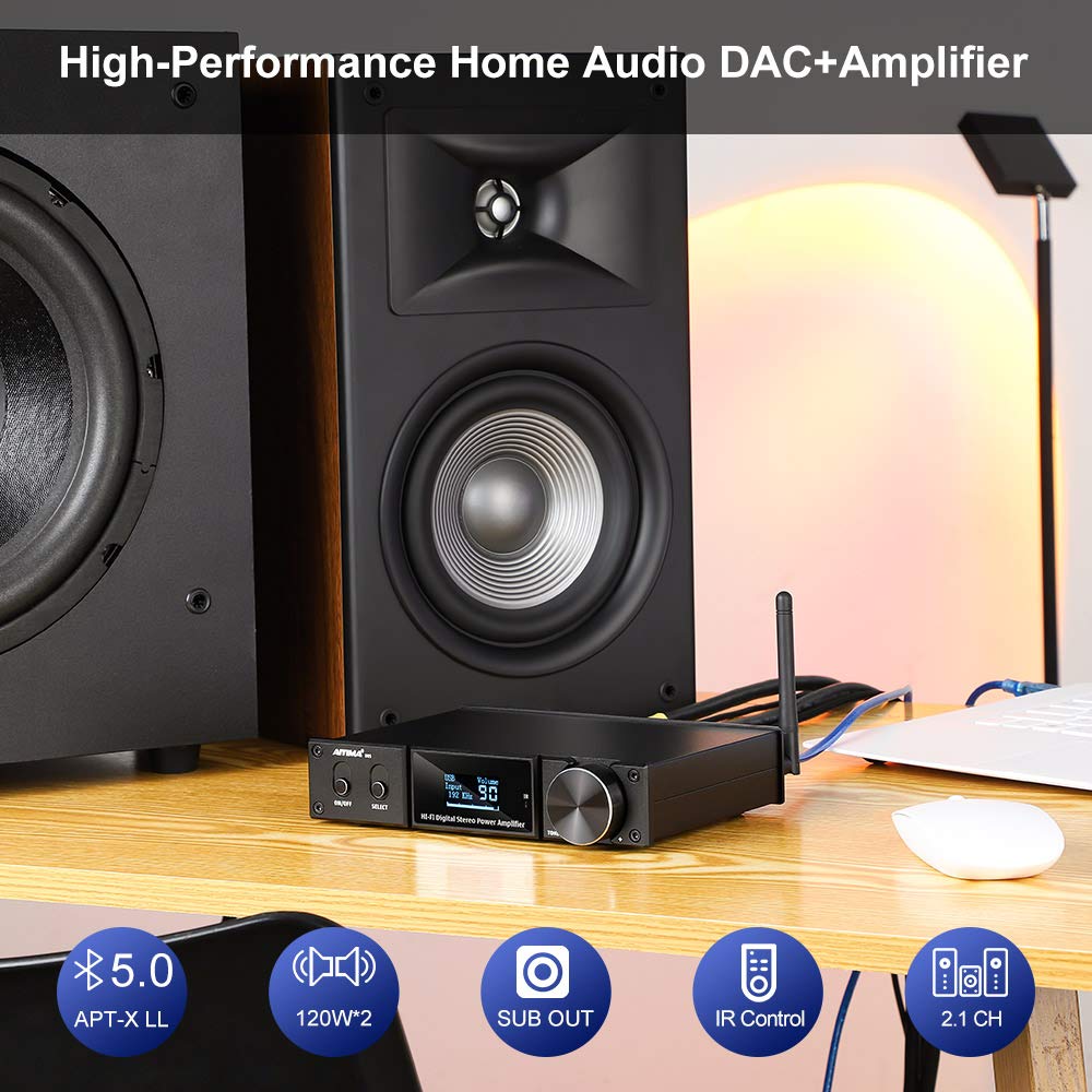 AIYIMA D05 Bluetooth 5.0 Stereo Amplifier 120Wx2 HiFi 2.1 Channel Digital Audio Power Amp with USB DAC, Coaxial, Optical Inputs, 24Bit/192kHz Class D, OLED Display, AptX HD - Supports Subwoofer & Includes Remote Control - Perfect for Home Theater, Music Studio, and Audiophile Sound Systems