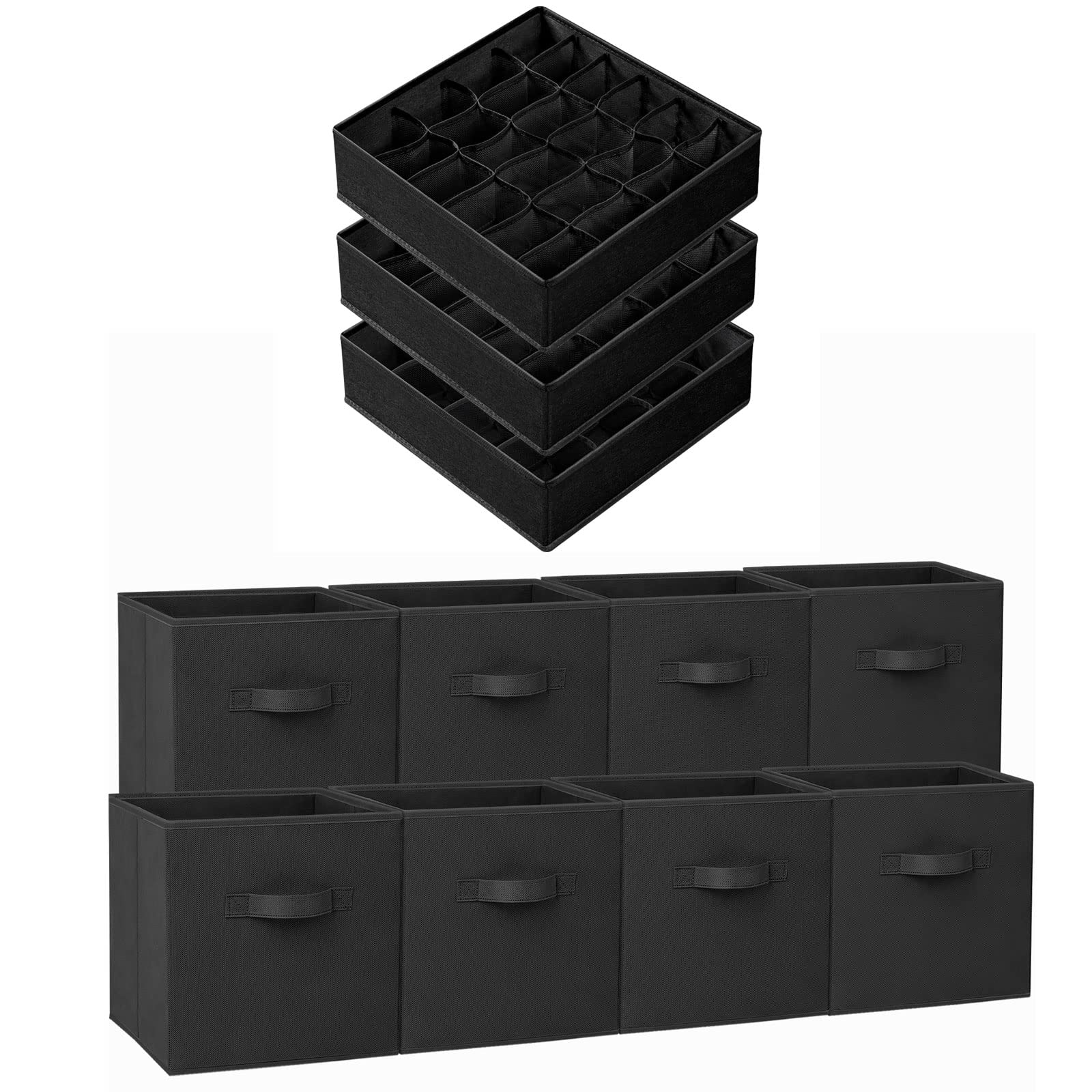 8-Pack 11-Inch Fabric Storage Cubes & 3-Pack Drawer Organizers for Socks & Underwear - Closet & Dresser Organization Solutions for Bedroom, Nursery, and Dorm Room Storage