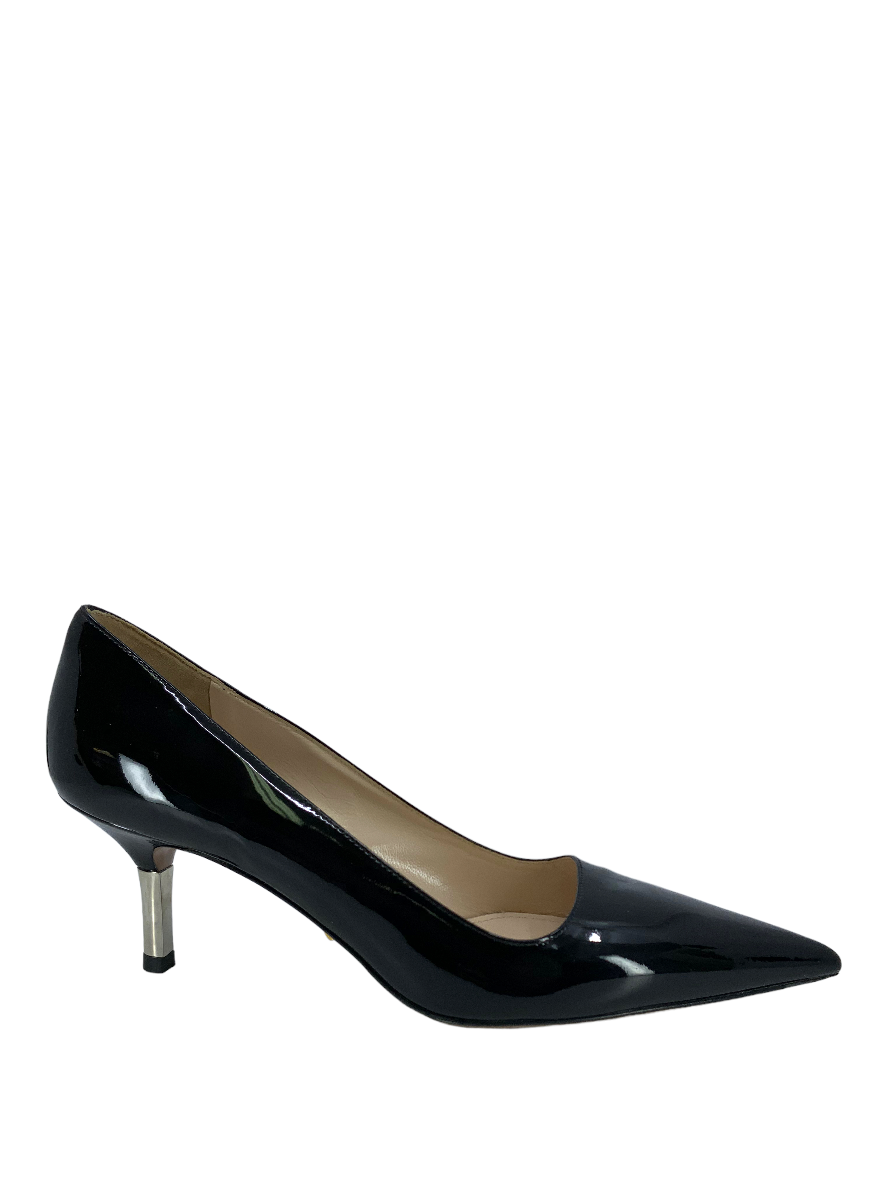 PRADA Women's Patent Leather Pointed Toe Pumps with Metal Heel - Size 7.5 | Luxury High Heels for Office, Party & Formal Events
