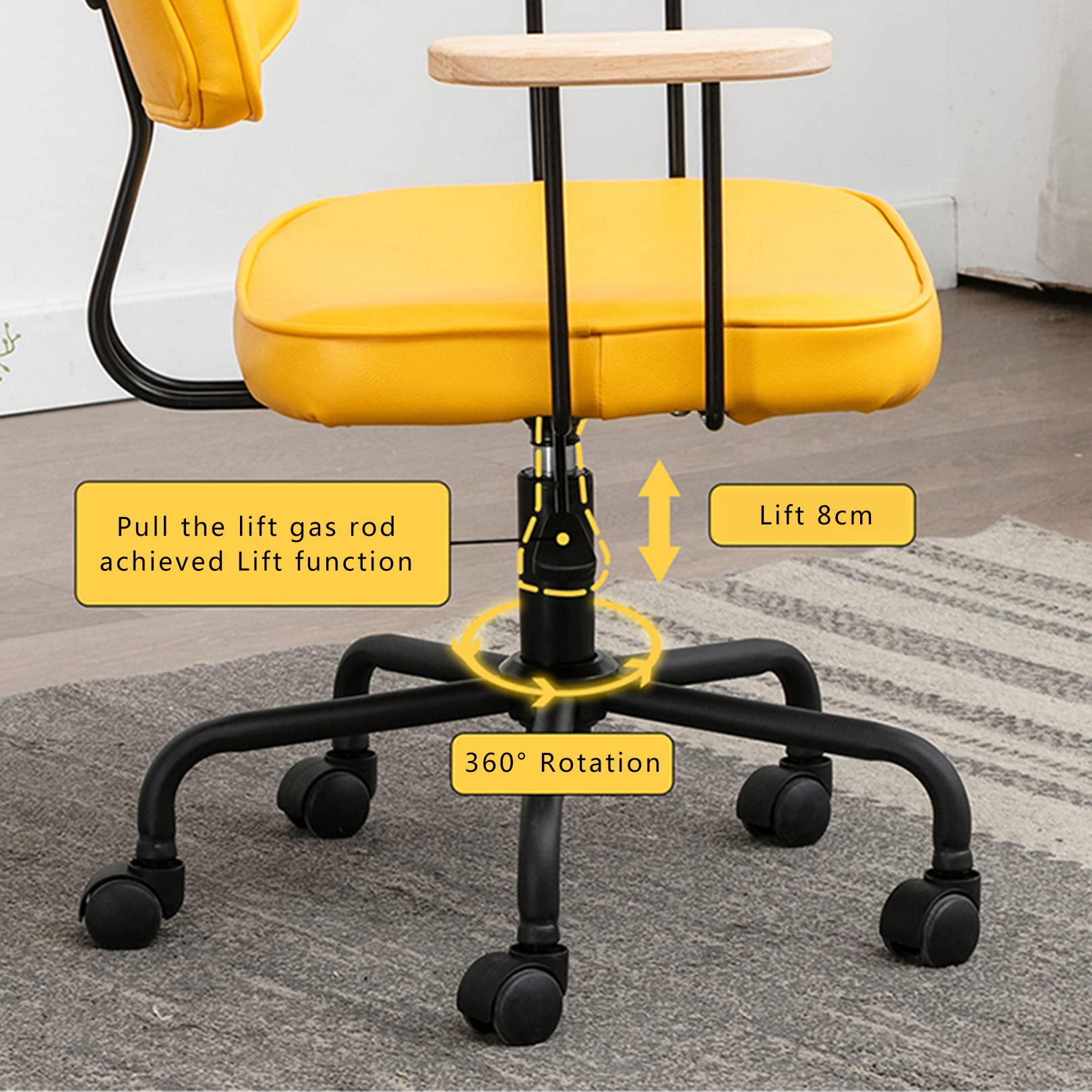 Ergonomic Mid-Back Office Chair with Wooden Armrests - Adjustable PU Leather Swivel Computer Desk Chair for Home Office, Study, Gaming & Bedroom Workspace