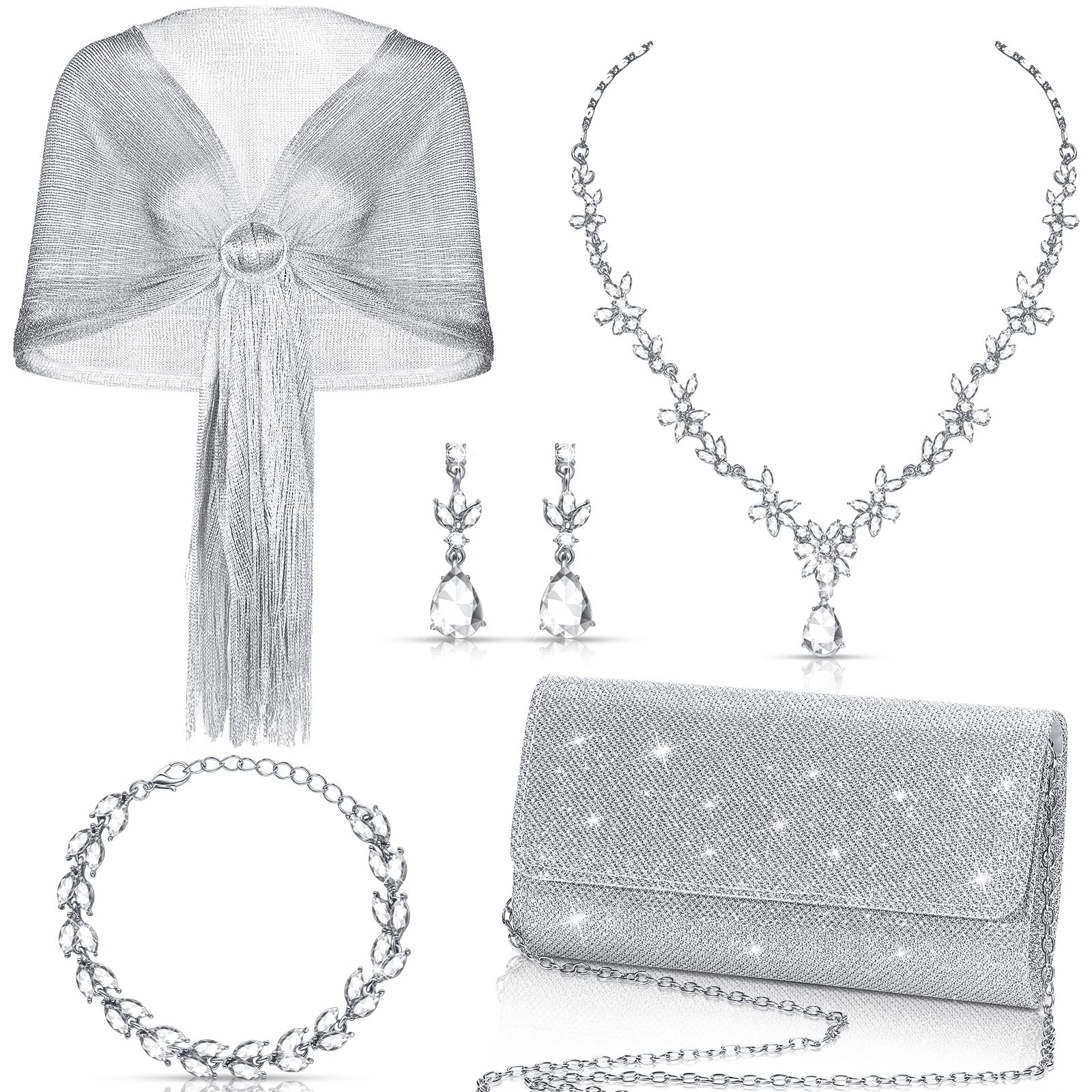 Tiamon 5-Piece Rhinestone Jewelry Set with Shawl & Clutch Purse for Women - Elegant Formal Accessories for Evening Dresses, Bridal Weddings & Special Occasions