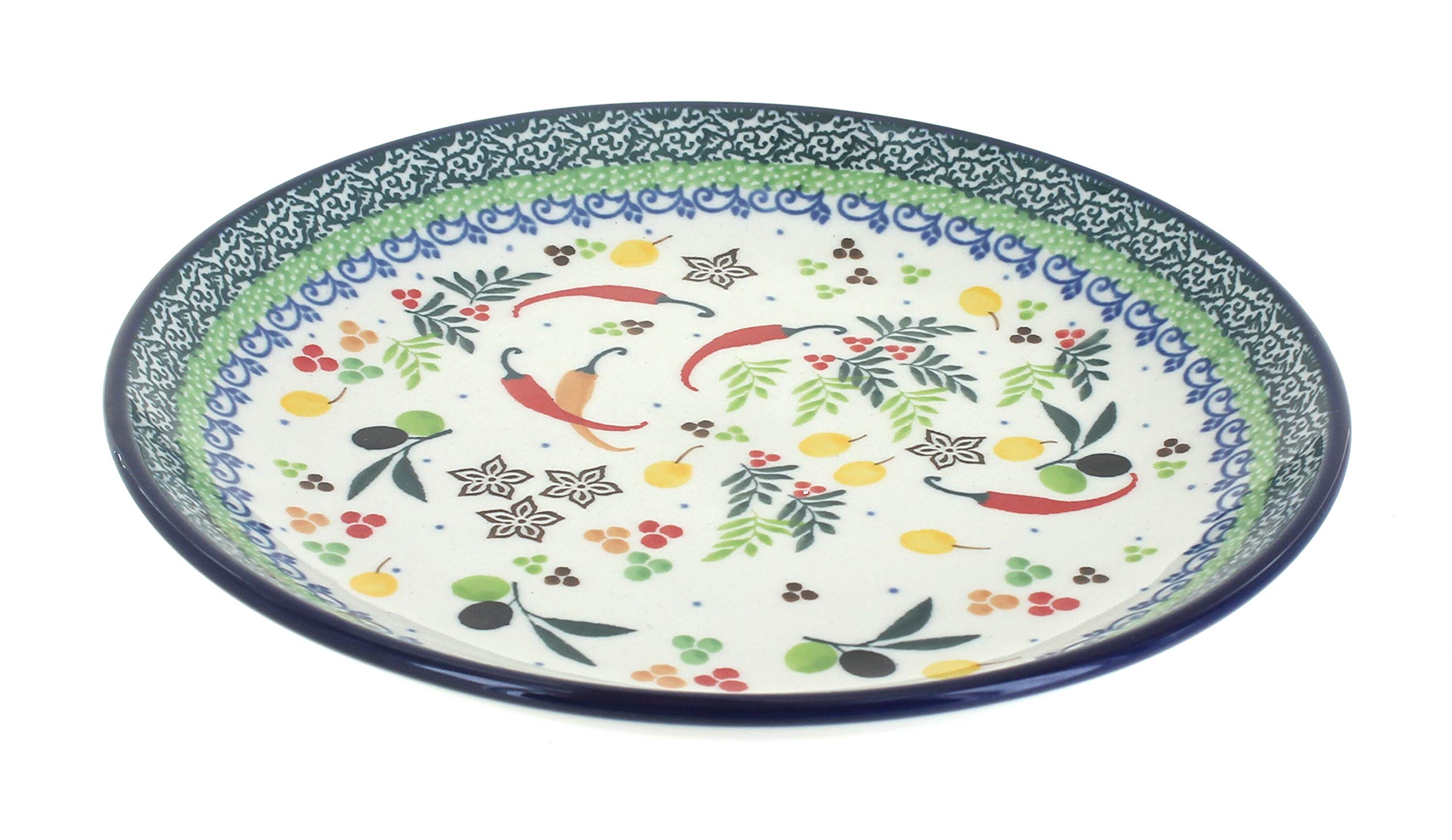 Handmade Blue Rose Polish Pottery Dessert Plate with Red Chili Pepper Design - Perfect for Serving Appetizers, Desserts & Home Decor