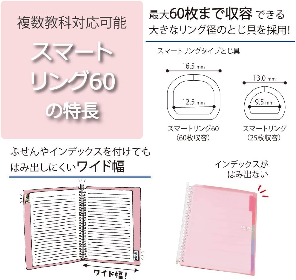 Kokuyo Campus Smart Ring Binder Notebook - B5 Size, Light Pink, Holds 60 Sheets, 26-Hole Slim Design with 10 Bonus Loose-Leaf Papers | Perfect for Office Work, School Notes, Journaling & Organizing | Japanese Stationery Import