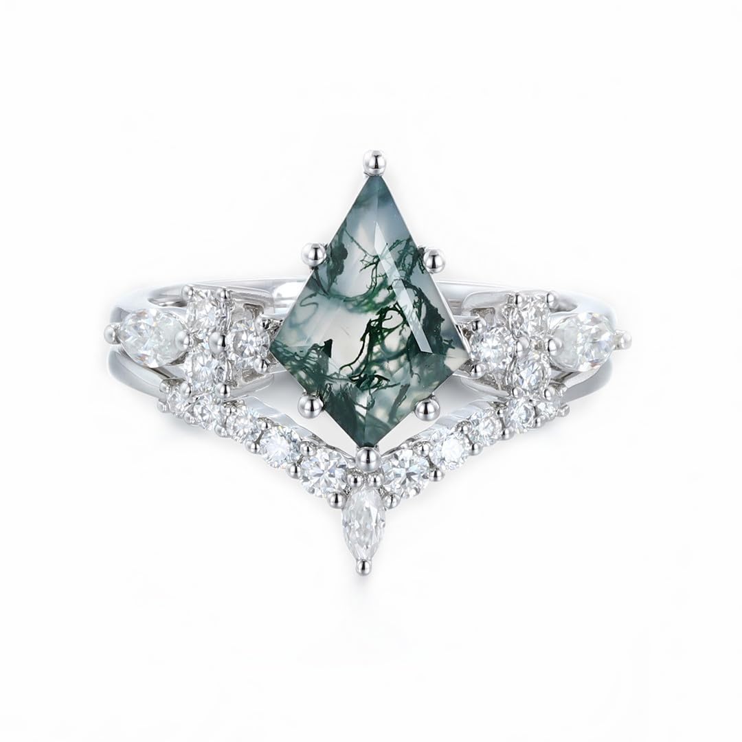 1.5CT Natural Kite-Shaped Moss Agate & Moissanite Engagement Ring Set in S925 Sterling Silver 10k/14k/18k White Gold - Vintage Cluster Bridal Jewelry for Women, Wedding Anniversary Gift with Free Engraving (Perfect for Proposals, Bridal Showers, and Romantic Occasions)