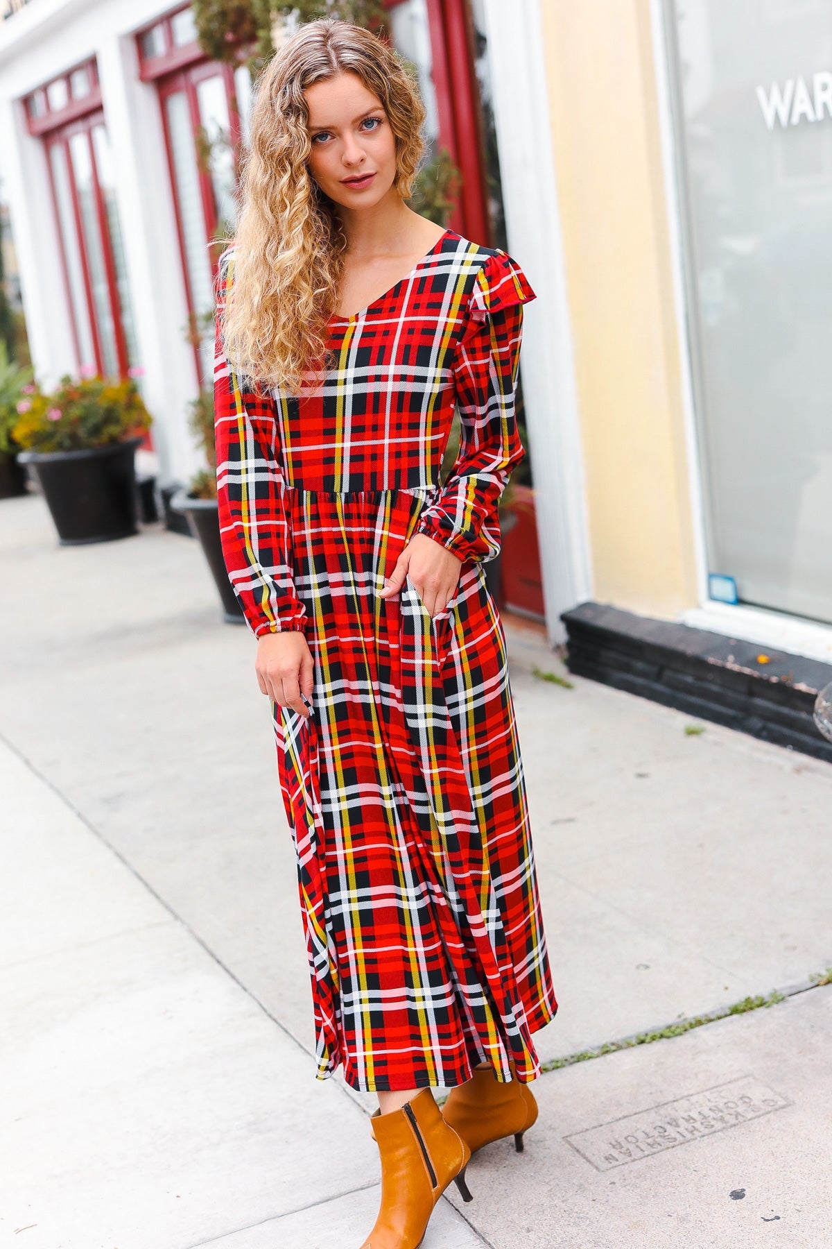 Stylish Red Plaid Fit & Flare Midi Dress with Ruffle Details - Perfect for Holiday Parties, Date Nights & Office Wear