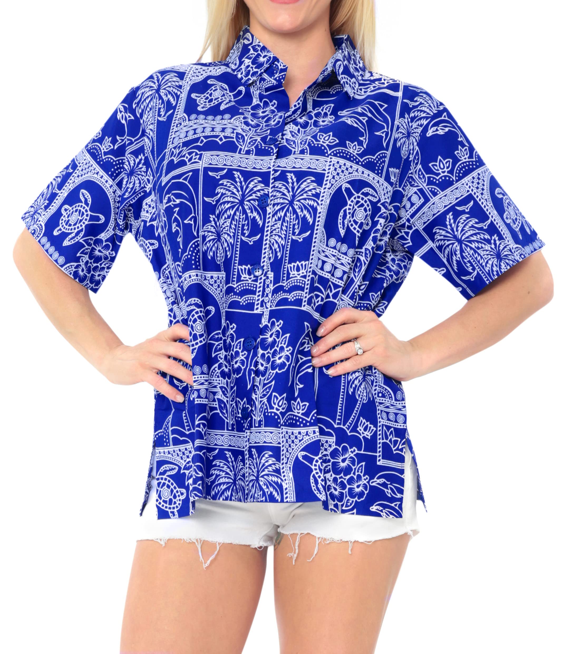 LA LEELA Women's Hawaiian Shirt - Short Sleeve Beach Blouse for Summer Vacation, Pool Party & Tropical Getaway