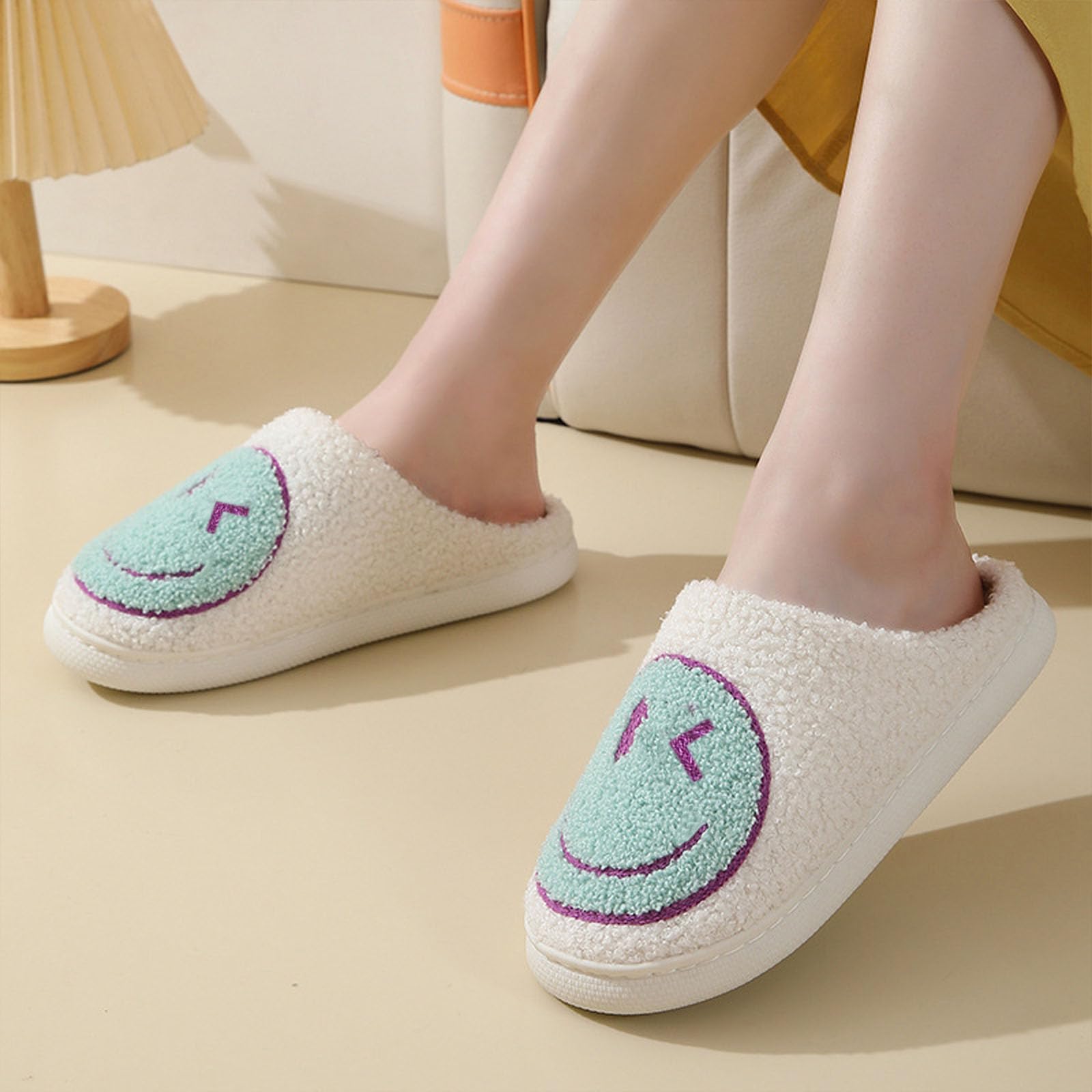 Geibiu Women's Cute Smile Slippers - Retro Soft Plush House Shoes for Indoor/Outdoor Use - Warm Cozy Fuzzy Fluffy Happy Face Slippers - Perfect for Home, Dorm, Lounge & Casual Wear