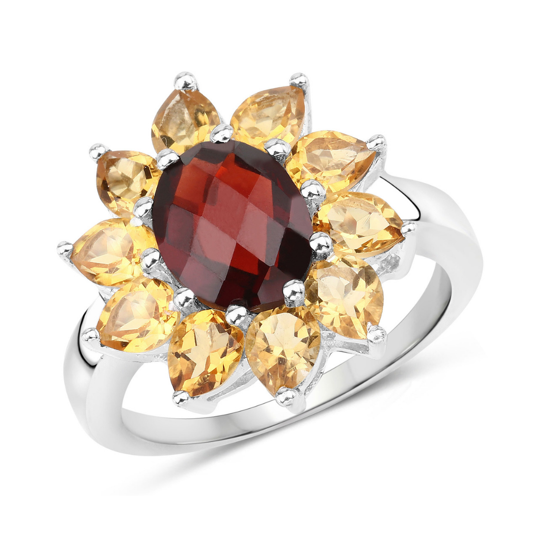 Natural Garnet and Citrine Sunflower Ring for Women - Handmade Bohemian Jewelry - Perfect for Weddings, Parties & Everyday Wear
