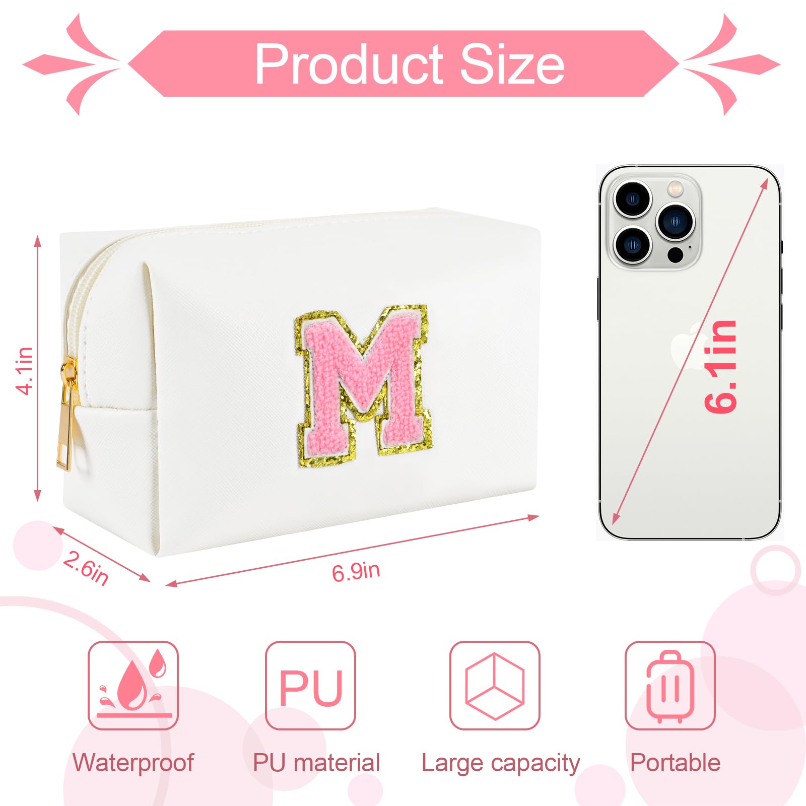 Personalized Initial Makeup Bag for Women - Cute Cosmetic Pouch Gift for Teen Girls, Friends, Her, Bridesmaids - Trendy Graduation, Christmas Gift Idea - Perfect for Travel, School, Daily Use (M)