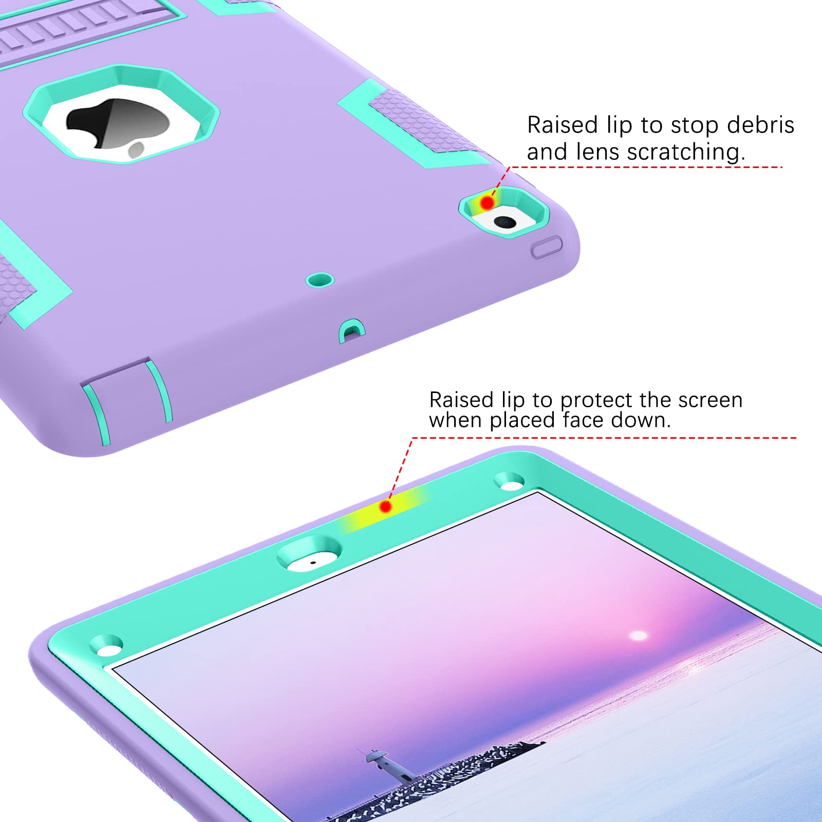 Shockproof iPad Air 2 Case (2nd Gen) - 3-in-1 Heavy Duty Protective Cover with Kickstand for A1566/A1567 (2014 Model) | Perfect for Kids, Women & Men | Purple/Green | Ideal for School, Work & Travel