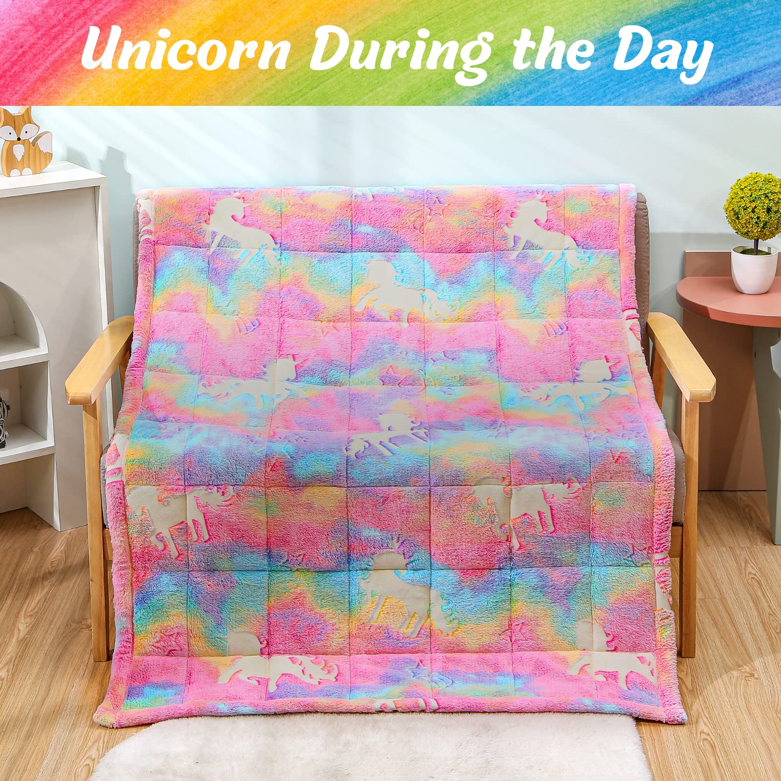 Glow in The Dark Weighted Blanket 5 lbs - Rainbow Unicorn Flannel Blanket for Girls & Kids - Soft & Cozy 5 Pound Weighted Blanket for Anxiety Relief, Stress, Better Sleep - Perfect for Bedroom, Nursery, or Relaxation