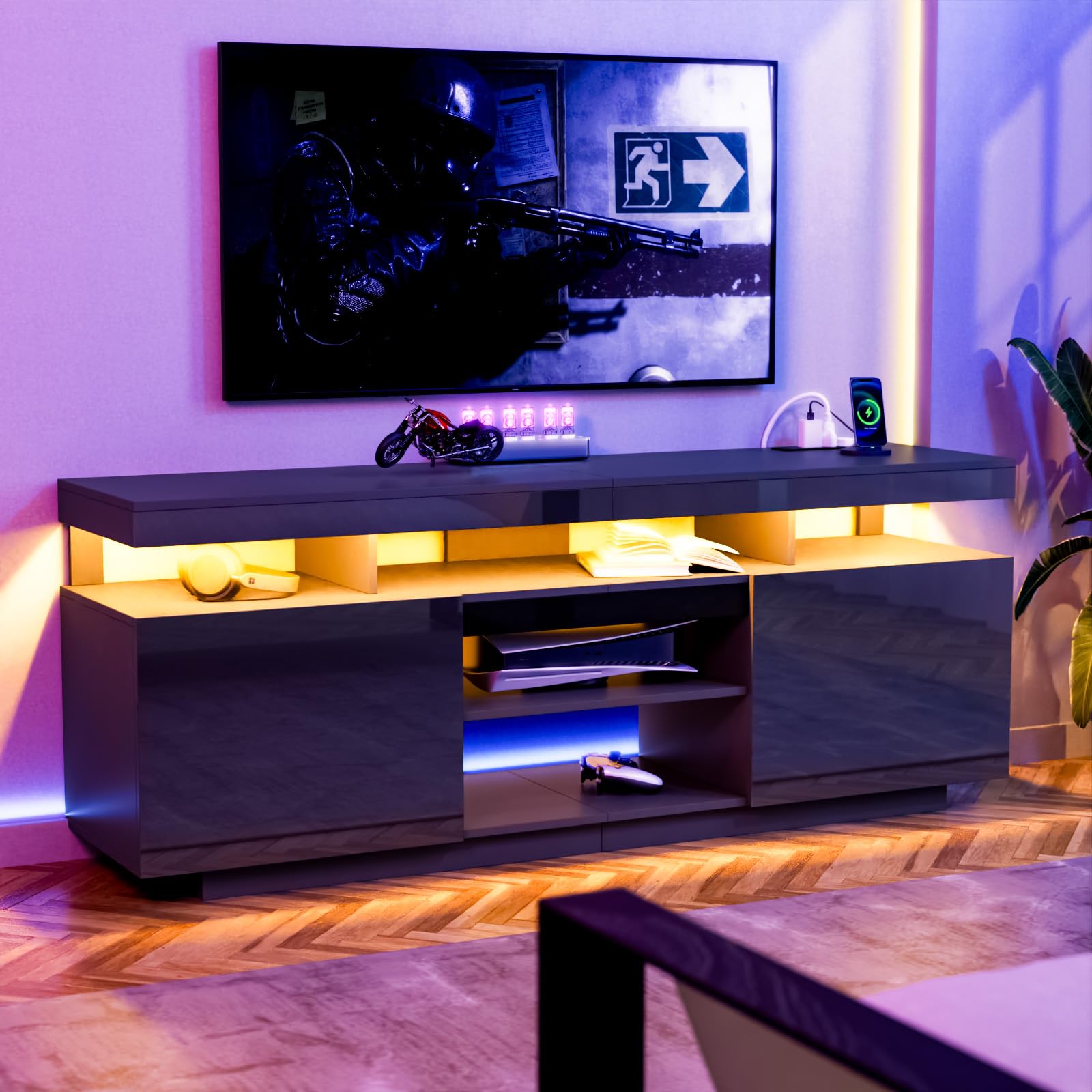 HOMMPA 75 Inch LED TV Stand - Modern Tall Entertainment Center with Power Outlets, High Gloss Black TV Console with Storage for Living Room & Bedroom - Perfect for Gaming & Media Storage - Fits 75/70/65/55 Inch TVs - Ideal for Home Theater & Family Entertainment Setup