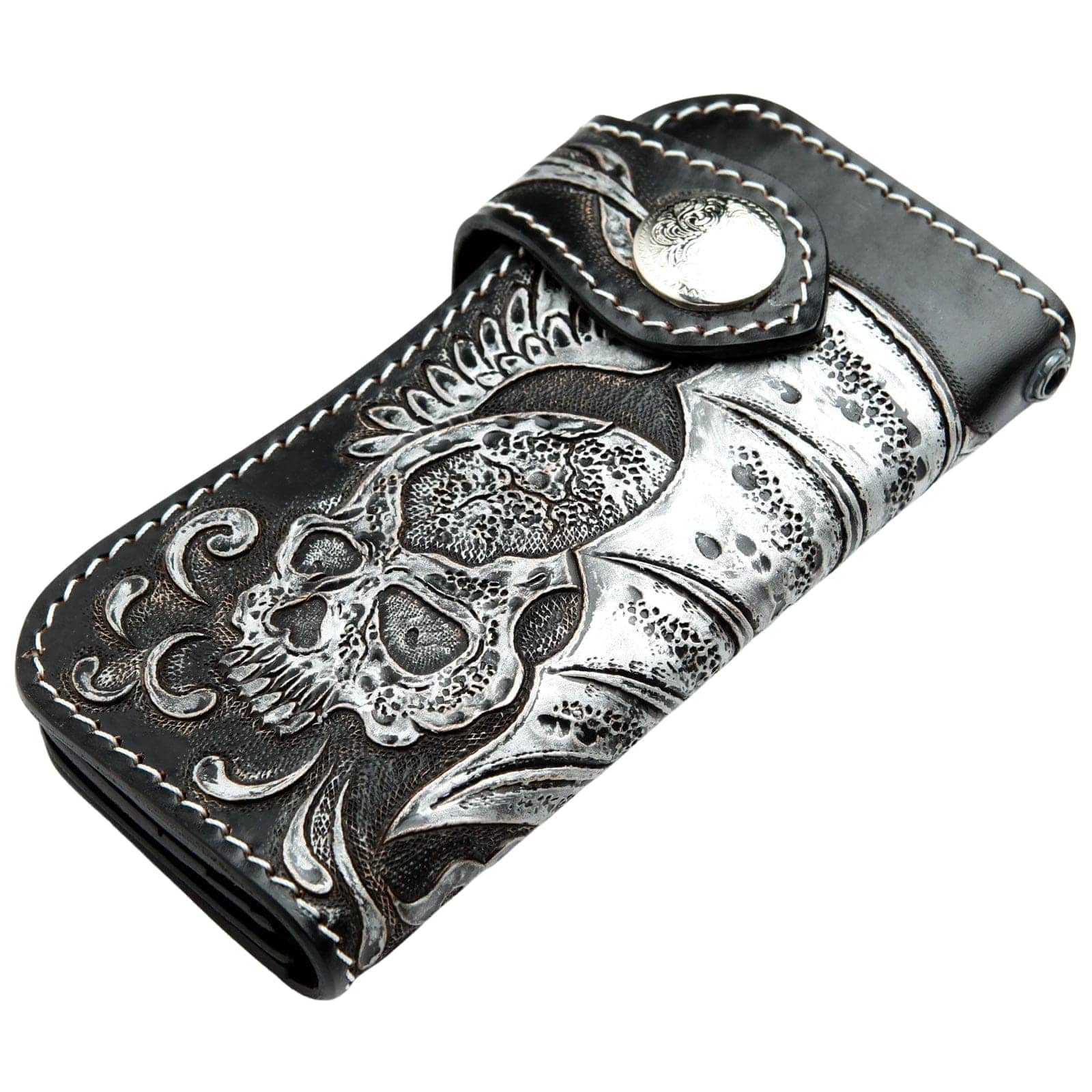Tribal Skull Carved Genuine Leather Biker Wallet for Men - Stylish Motorcycle Wallet with RFID Protection - Perfect for Bikers, Riders & Outdoor Enthusiasts